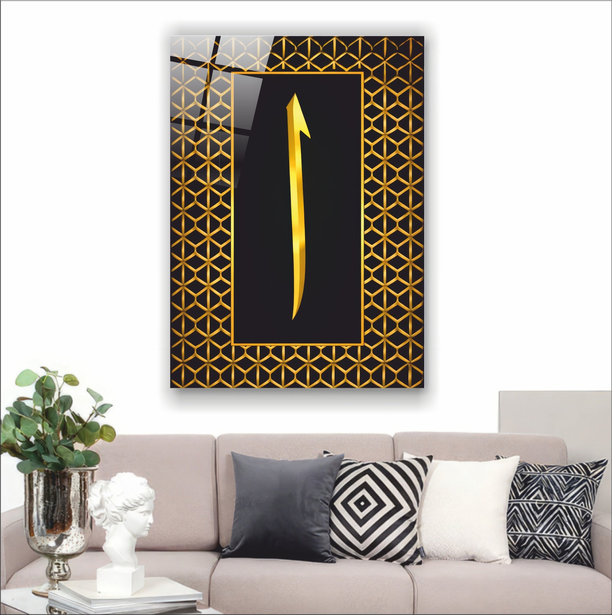 Altın Varak Görünümlü Elif Harfi Cam Tablo - Modern Geometrik Seri