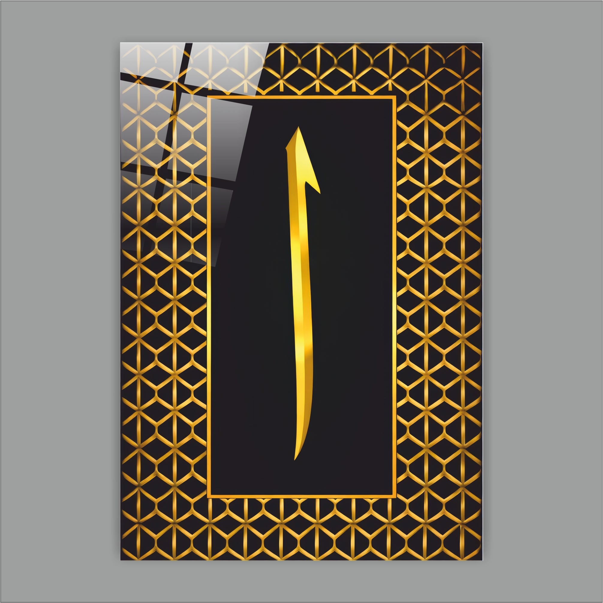 Altın Varak Görünümlü Elif Harfi Cam Tablo - Modern Geometrik Seri