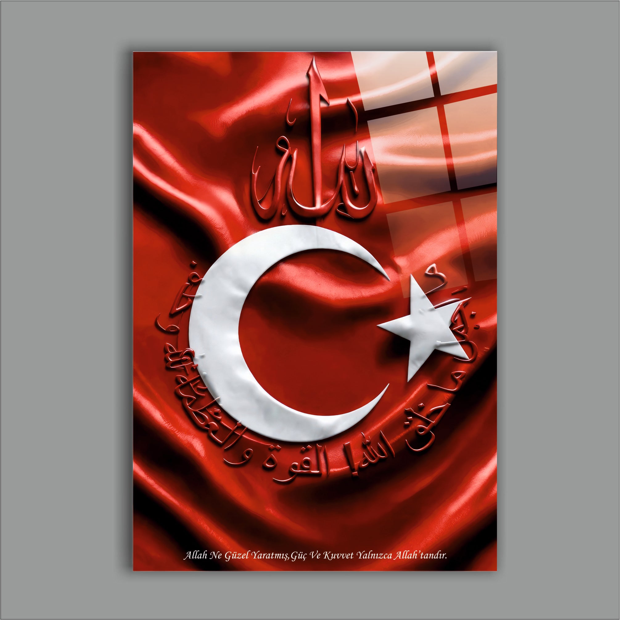 DİNİ-93 Allah Lafzı Felak ve Nas Sureleri Türk Bayrağı Cam Tablo Hat Sanatı