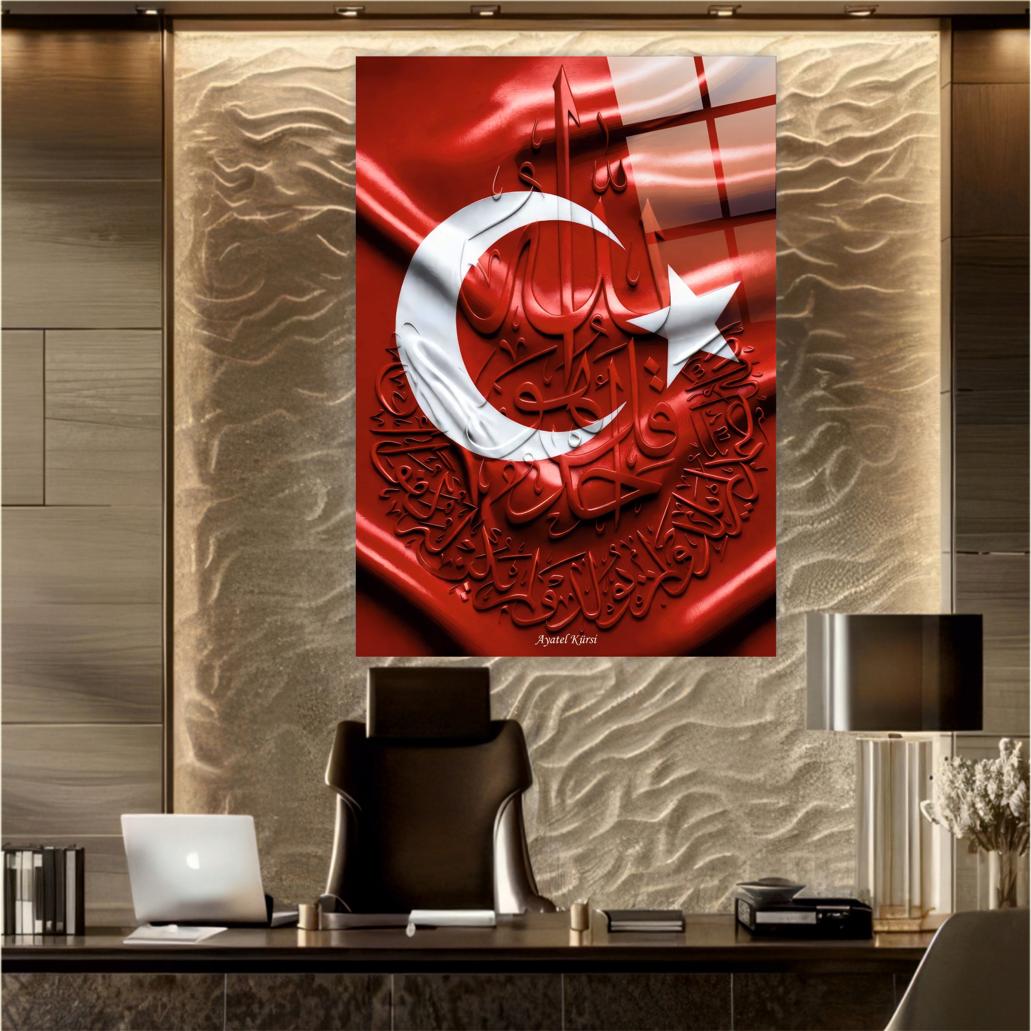 DİNİ-92 Ayetel Kürsi Hat Sanatı Türk Bayrağı Cam Tablo Kırmızı İslami Tasarım