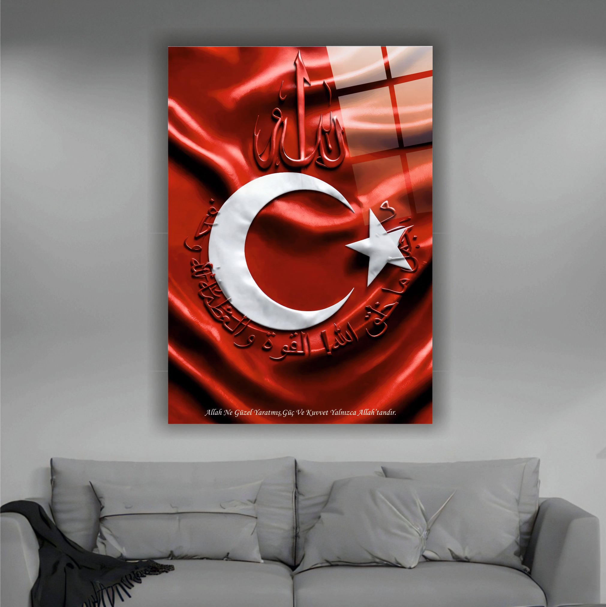 DİNİ-93 Allah Lafzı Felak ve Nas Sureleri Türk Bayrağı Cam Tablo Hat Sanatı