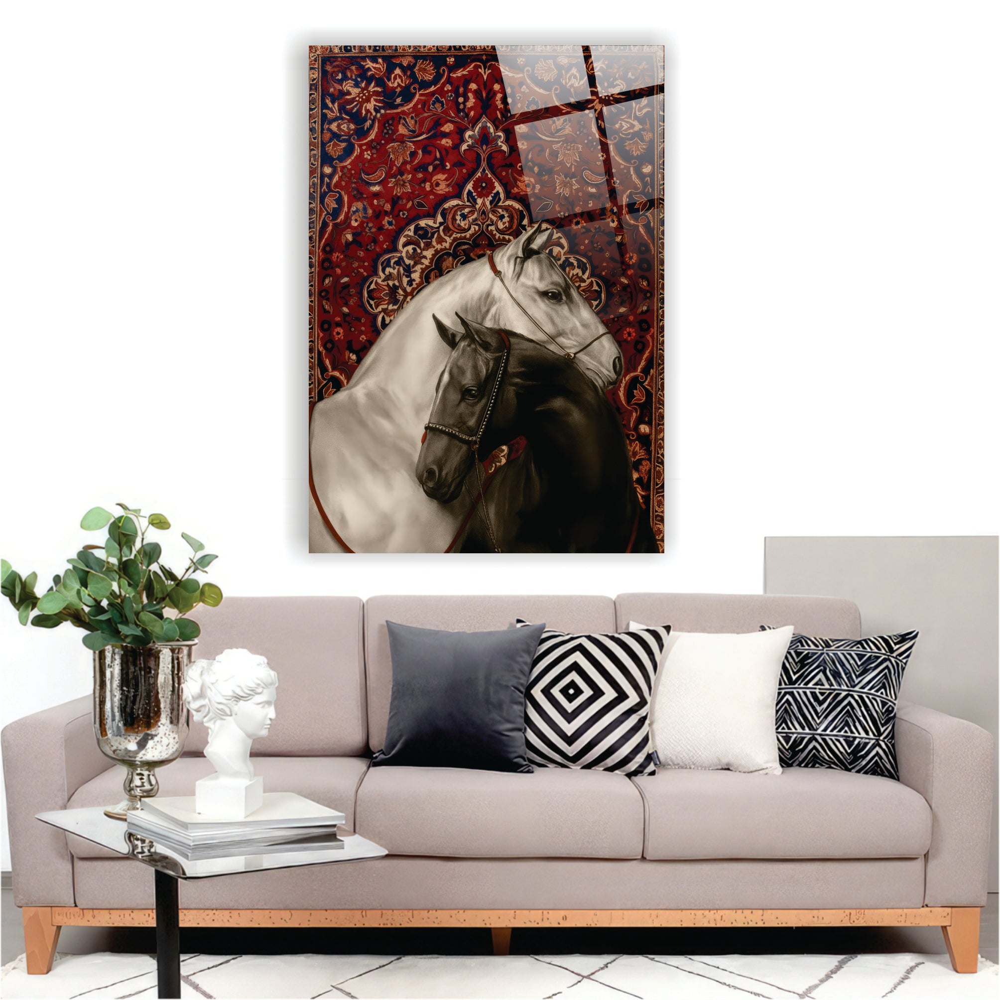 Çift At Portreli Cam Tablo