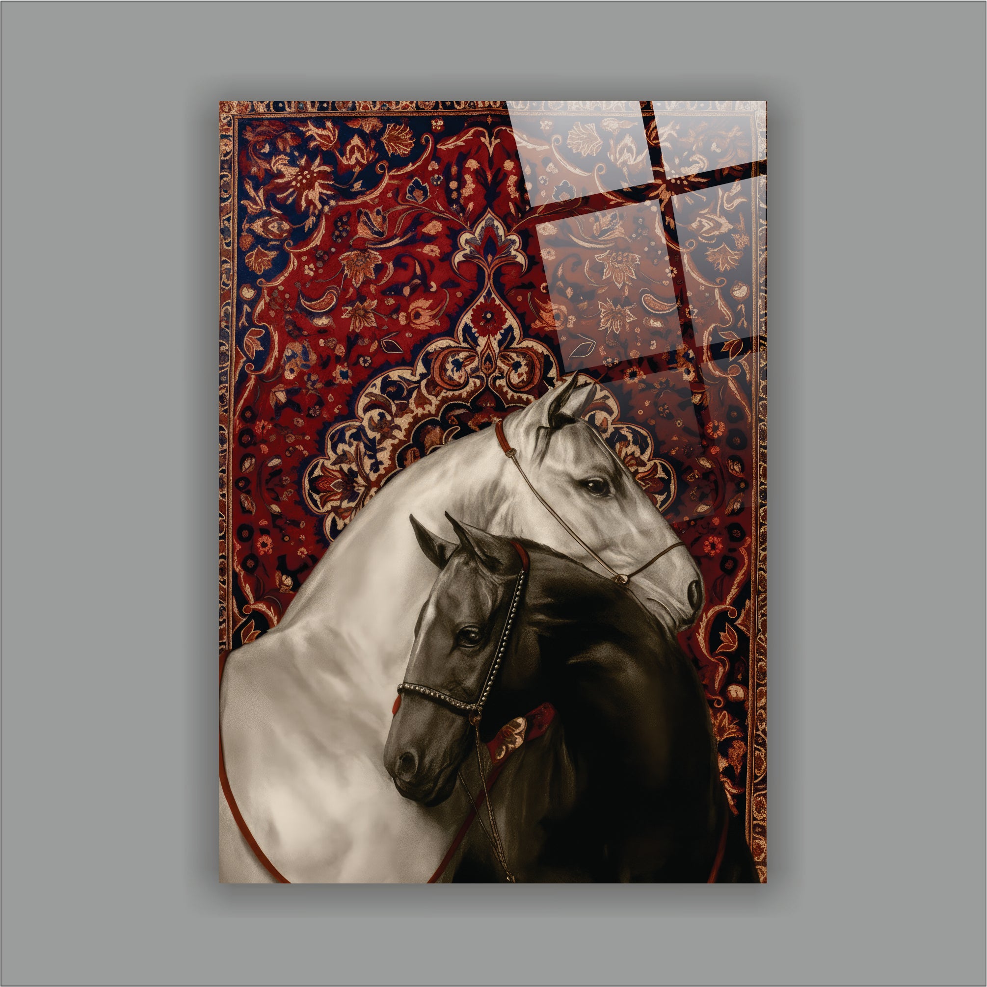 Çift At Portreli Cam Tablo