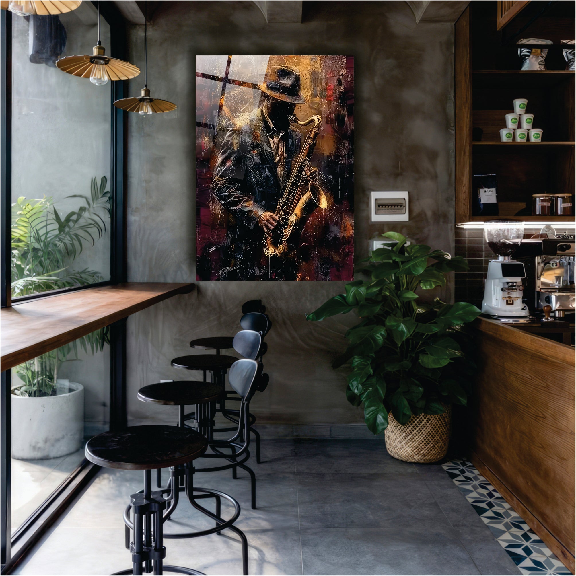 Sanatsal Saksafoncu Cam Tablo