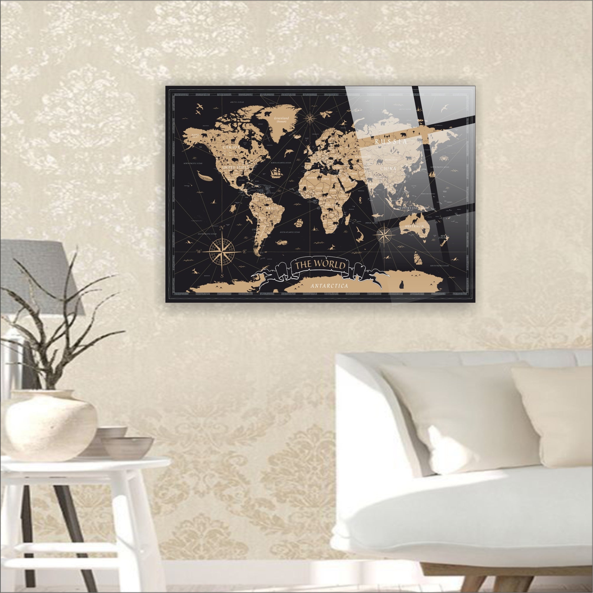 Altın Varak Görünümlü Dünya Haritası Cam Tablo