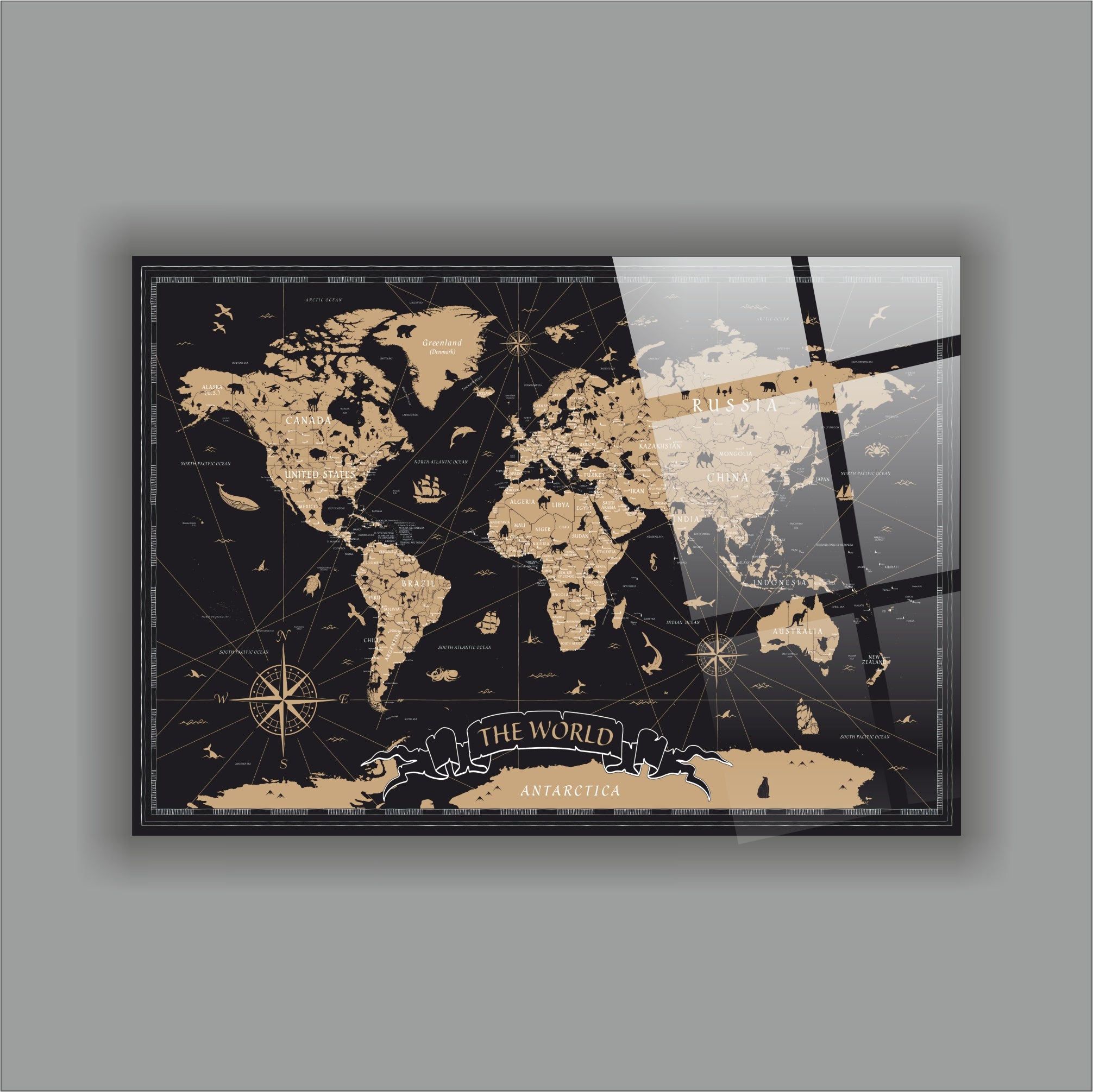 Altın Varak Görünümlü Dünya Haritası Cam Tablo