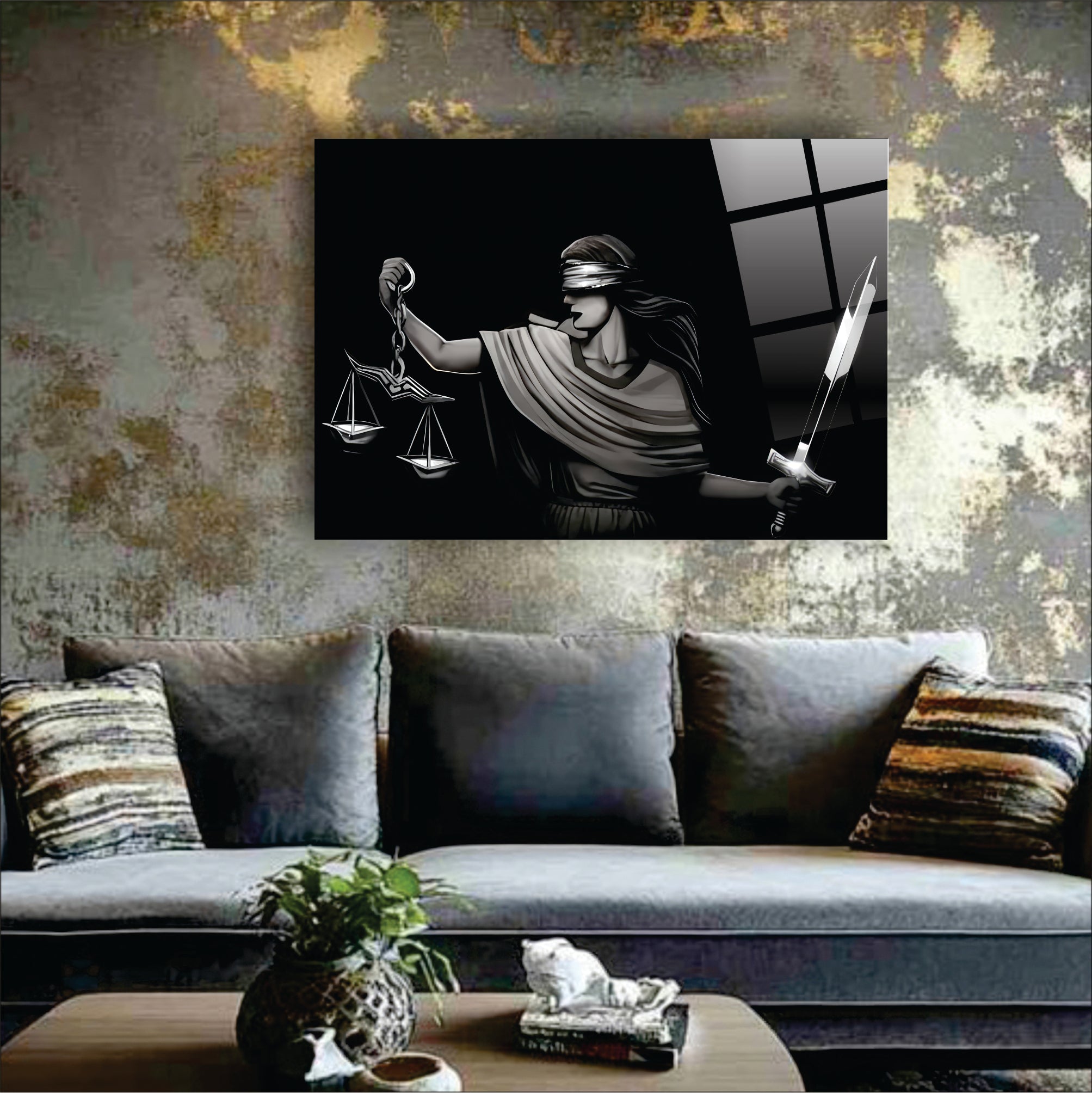 Hukuk Serisi Gümüş Efektli Themis Cam Tablo