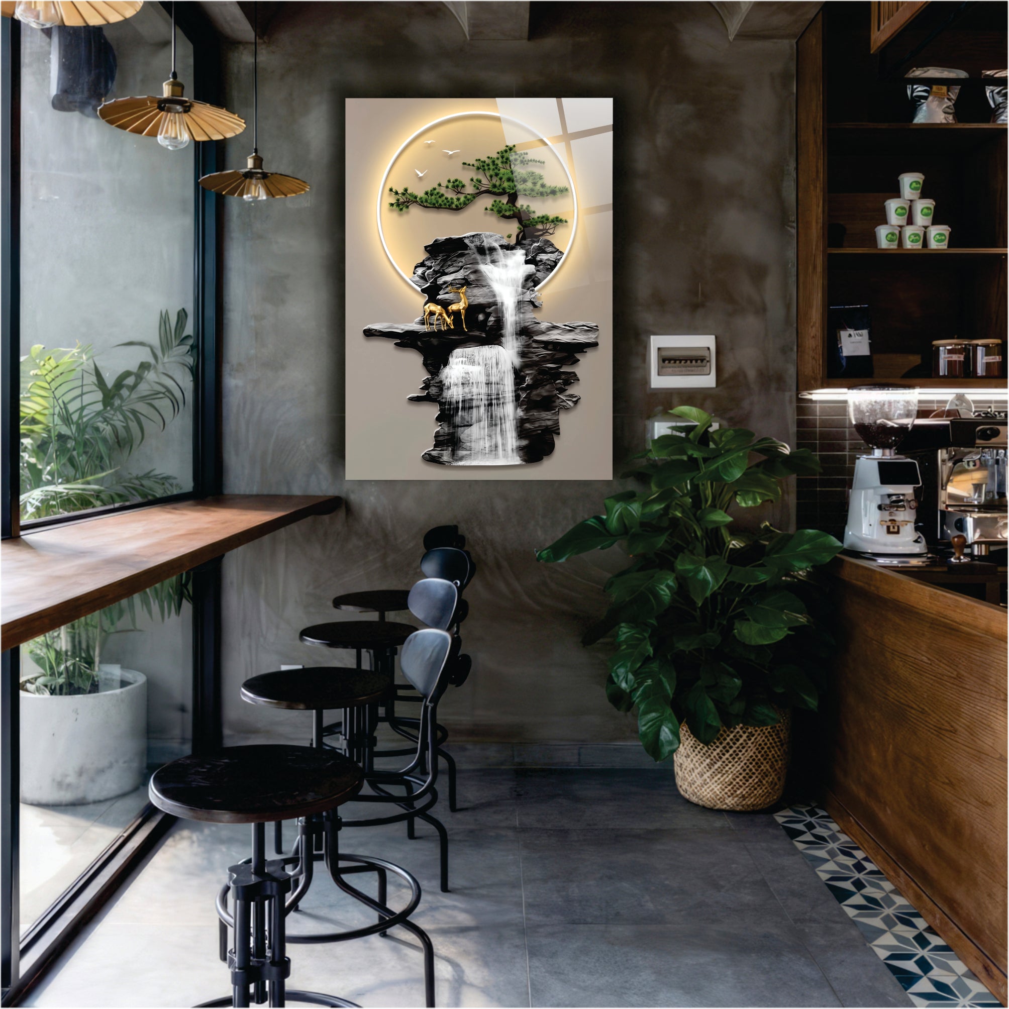 Şelale ve Altın Geyik Cam Tablo