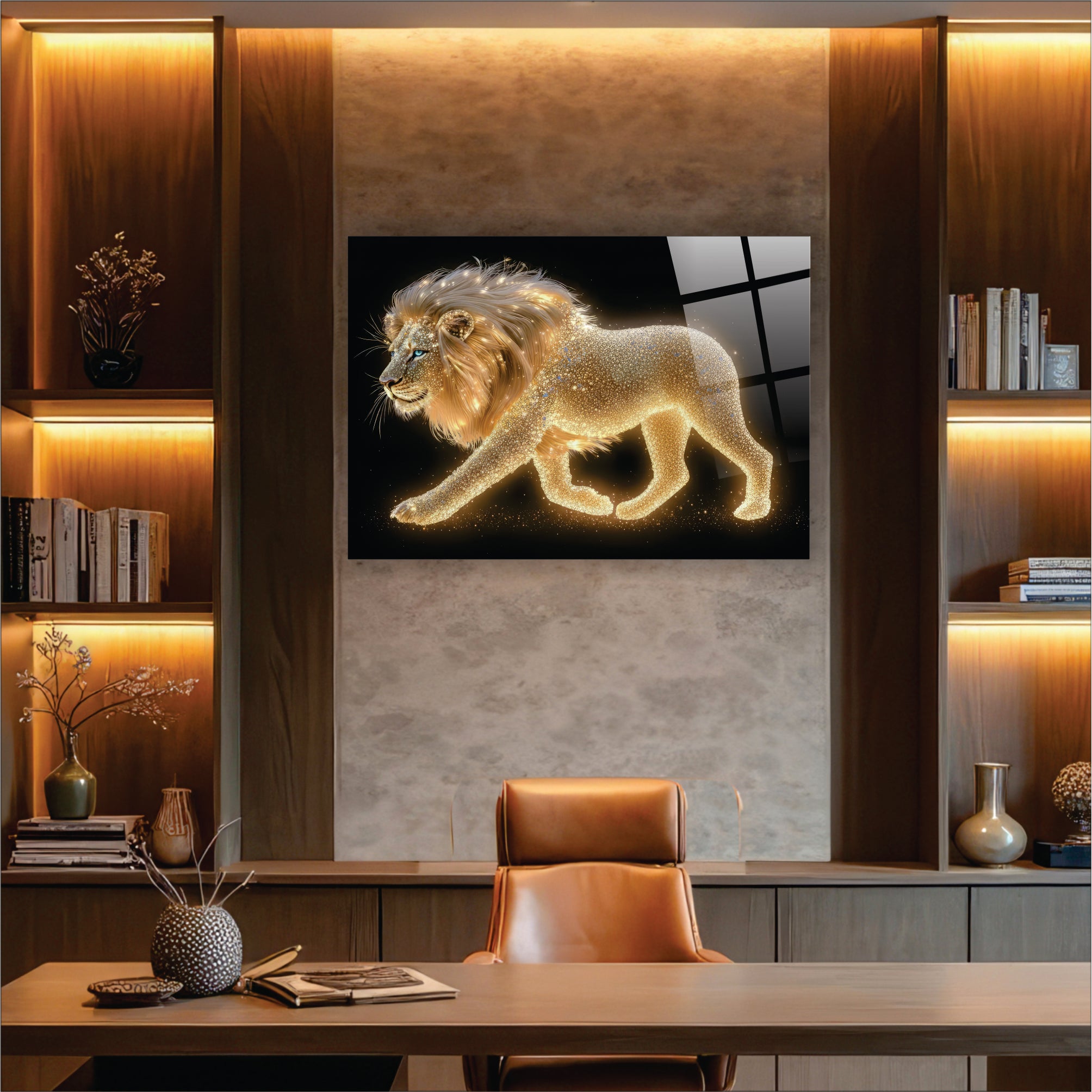 Işıltılı Altın Aslan Cam Tablo