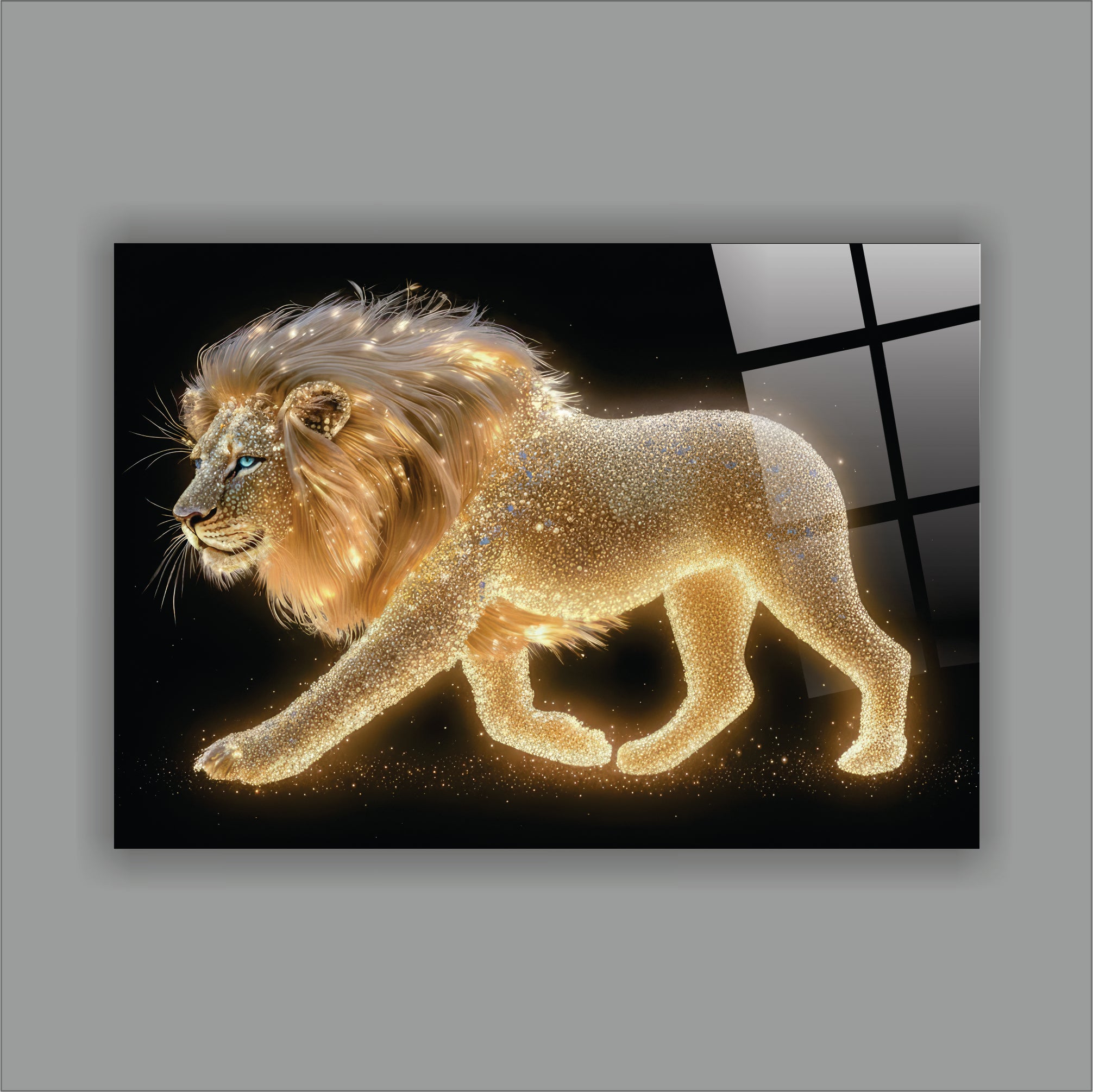 Işıltılı Altın Aslan Cam Tablo
