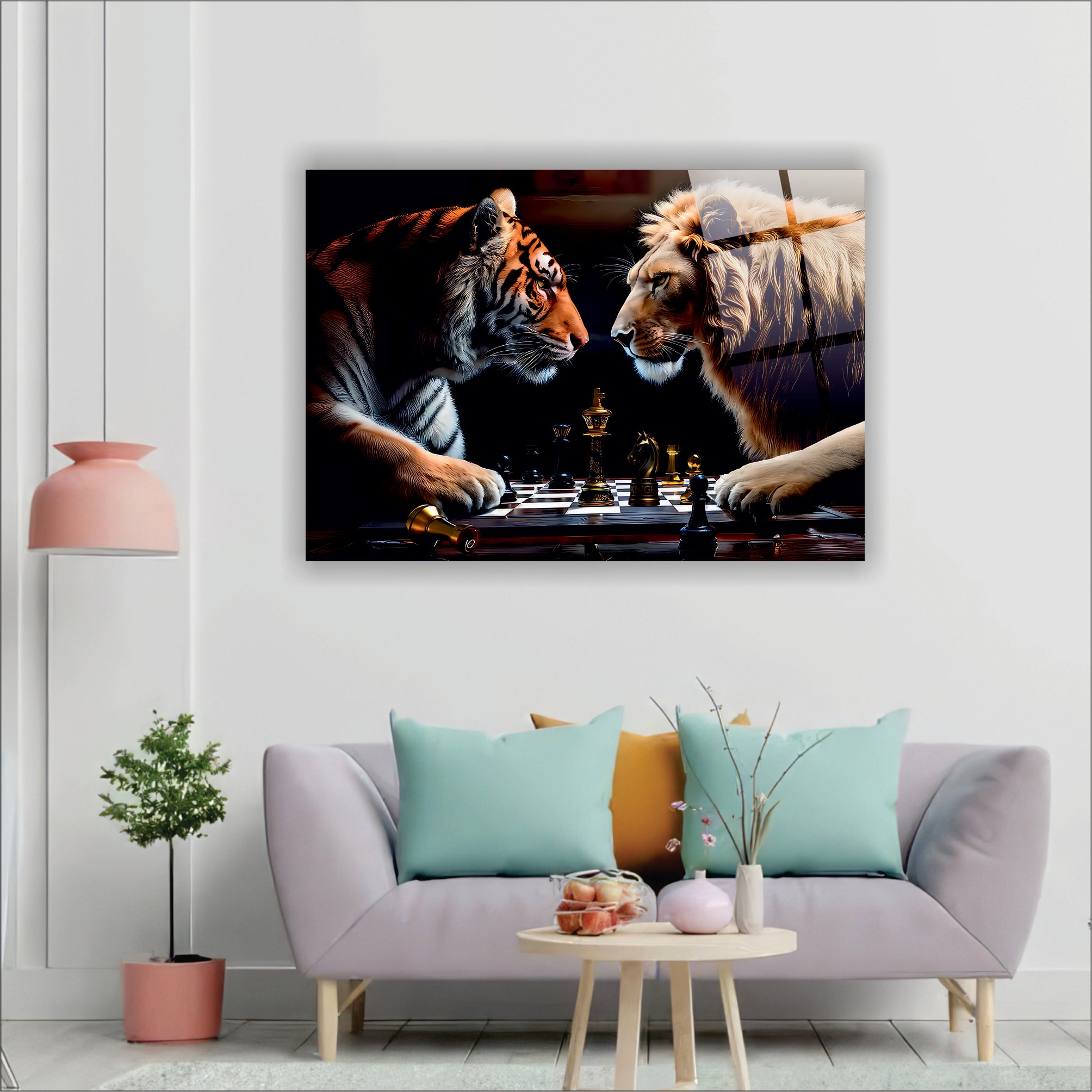 Aslan ve Kaplan Satranç Cam Tablo