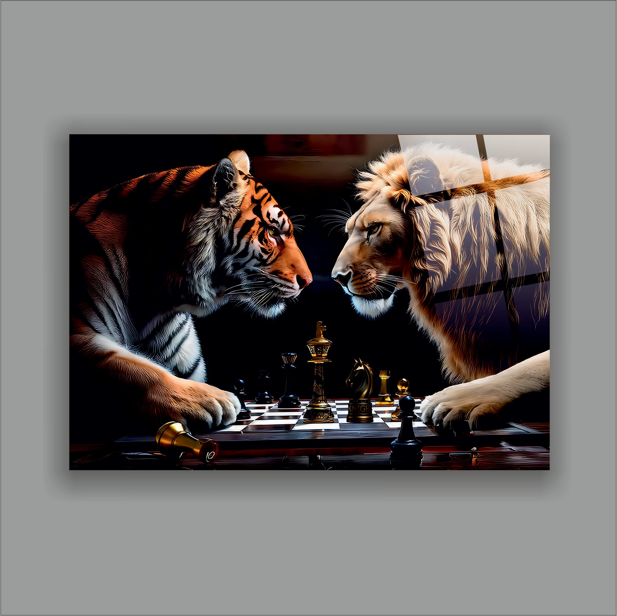 Aslan ve Kaplan Satranç Cam Tablo