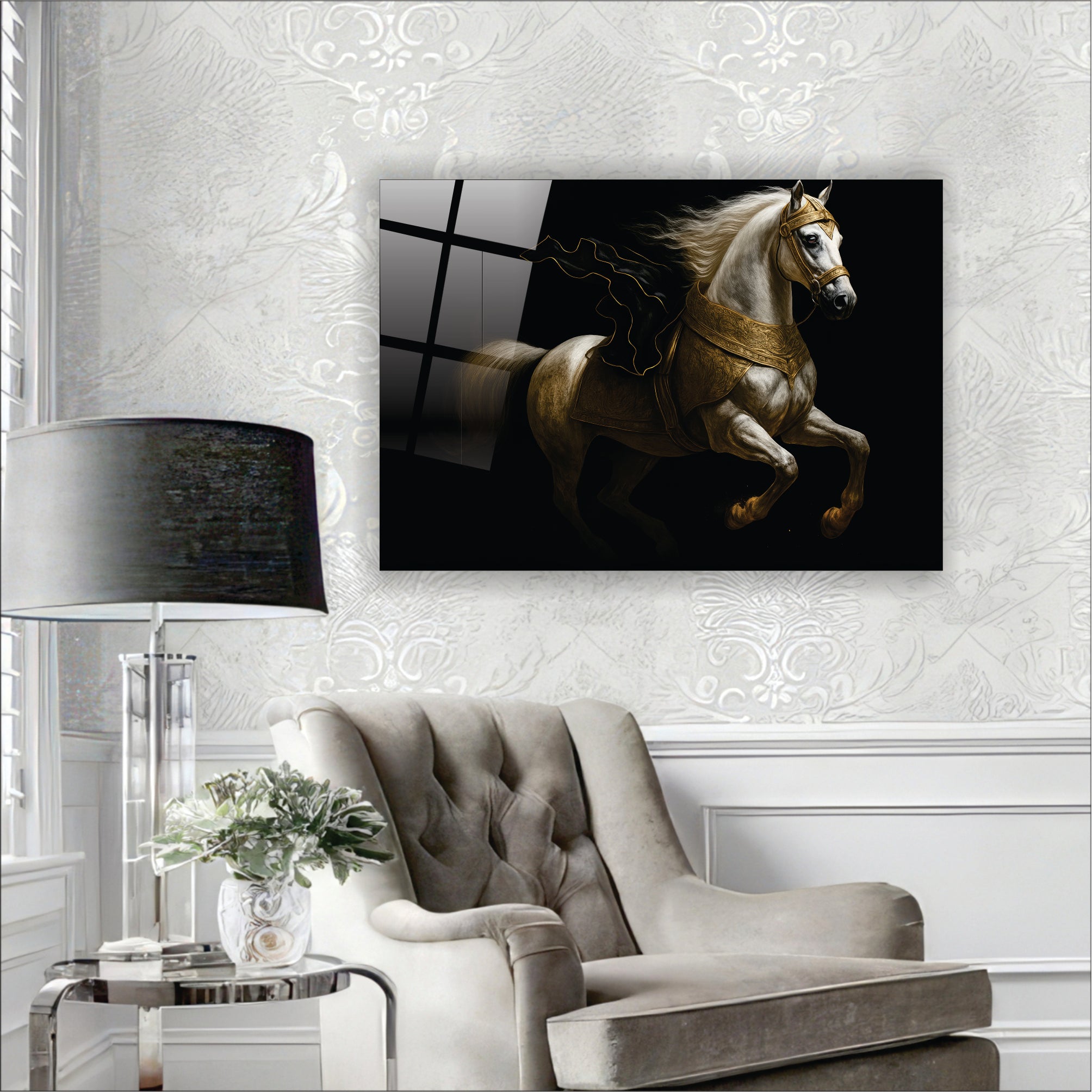 Altın Zırhlı Beyaz Savaş Atı Cam Tablo