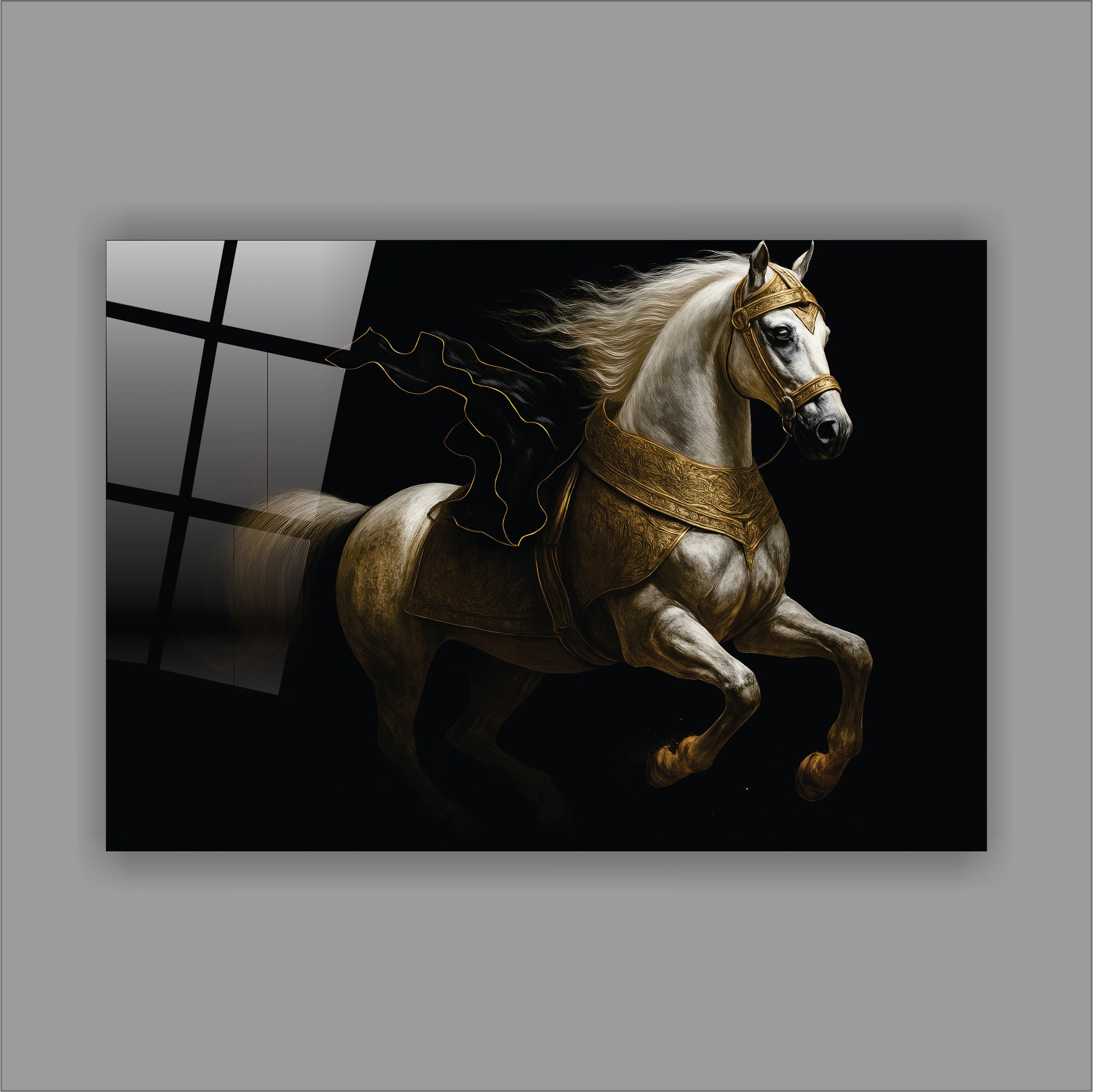 Altın Zırhlı Beyaz Savaş Atı Cam Tablo