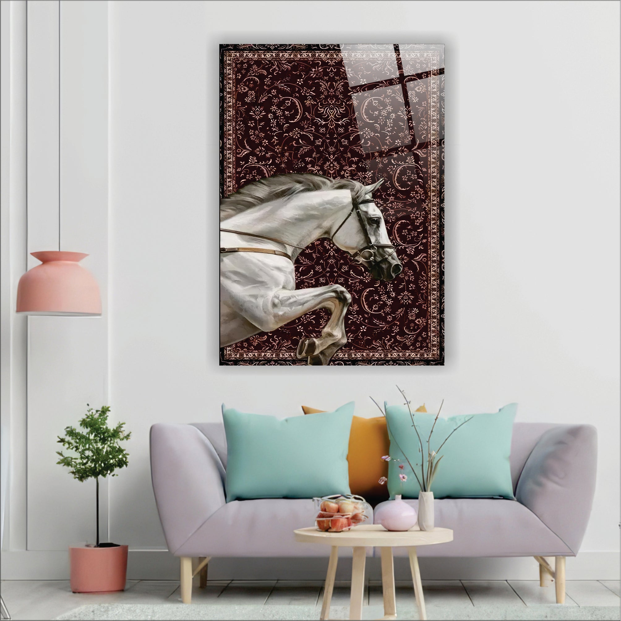 Geleneksel Motifli Beyaz At Cam Tablo