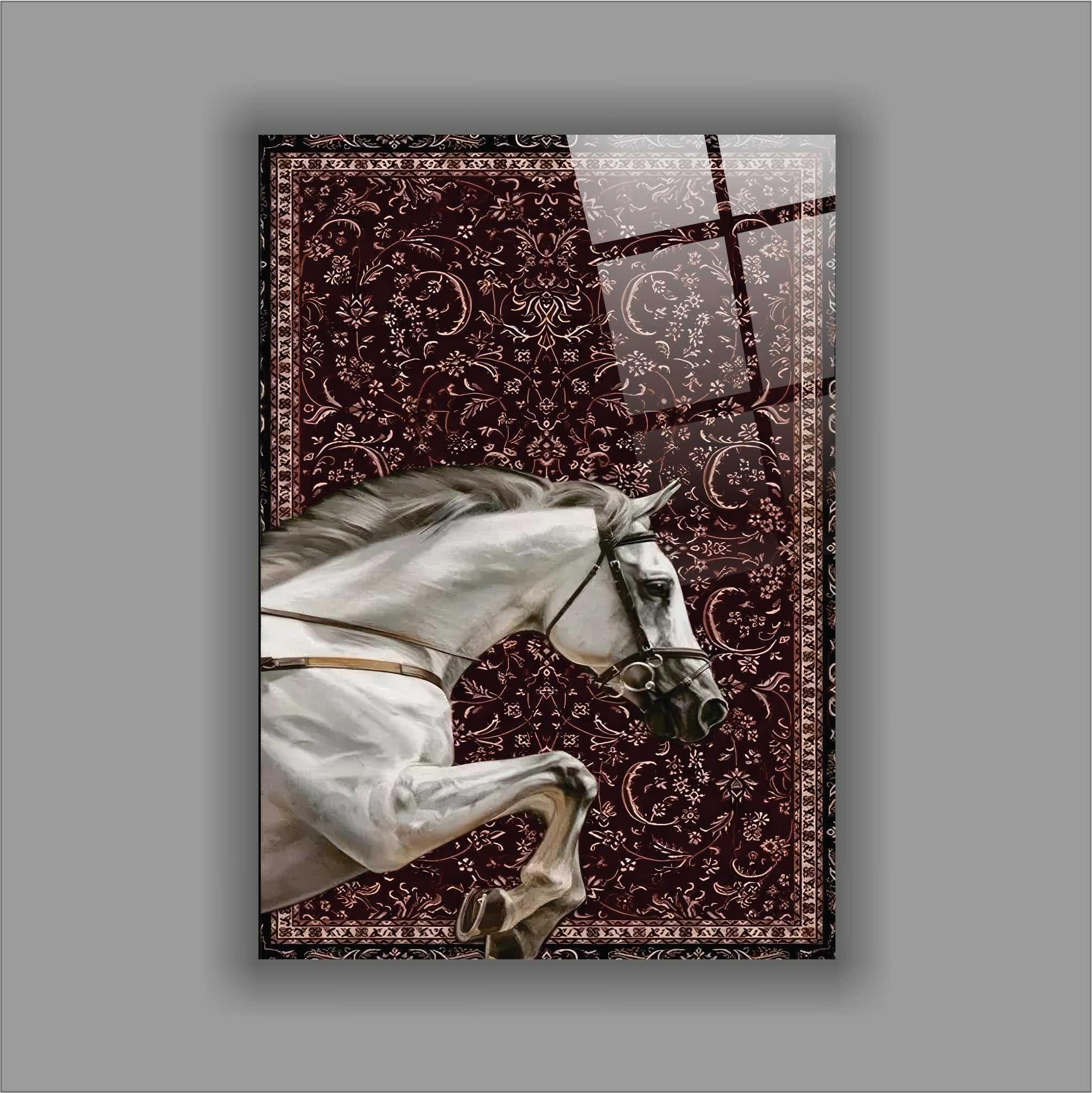 Geleneksel Motifli Beyaz At Cam Tablo