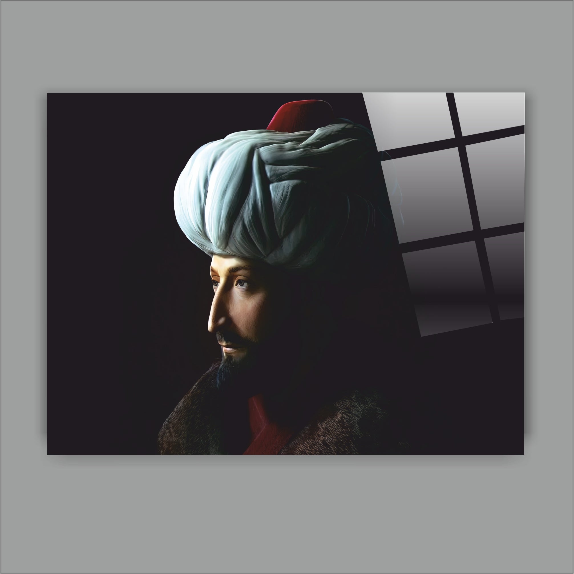 OSMANLI-11 Fatih Sultan Mehmed Portresi Dekoratif Osmanlı Cam Tablo