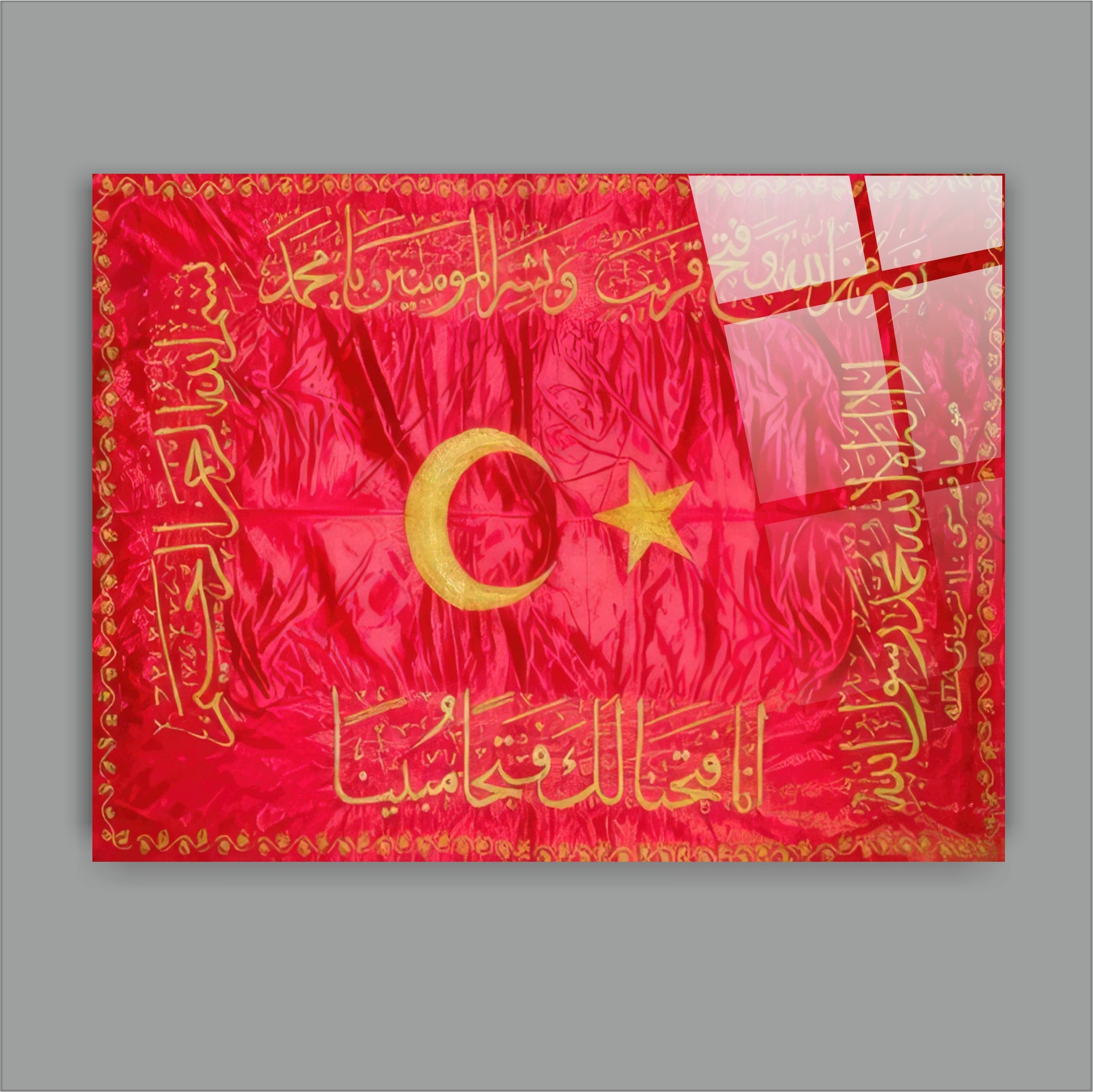OSMANLI-17 Türk Bayrağı ve Kelime-i Tevhid Hat Sanatı Dekoratif Cam Tablo
