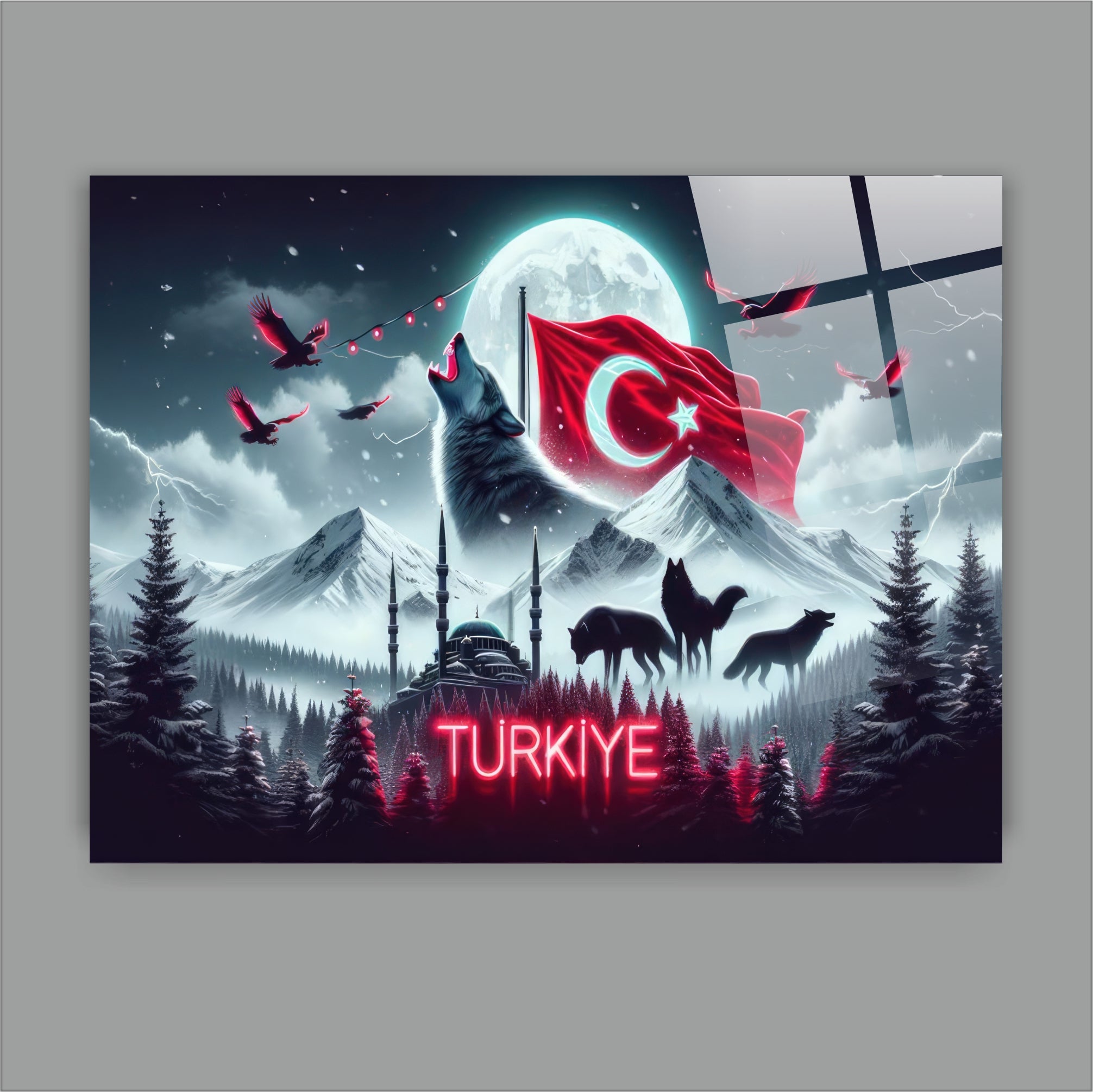 OSMANLI-18 Bozkurt, Türk Bayrağı ve Ay Işığı Temalı Dekoratif Cam Tablo
