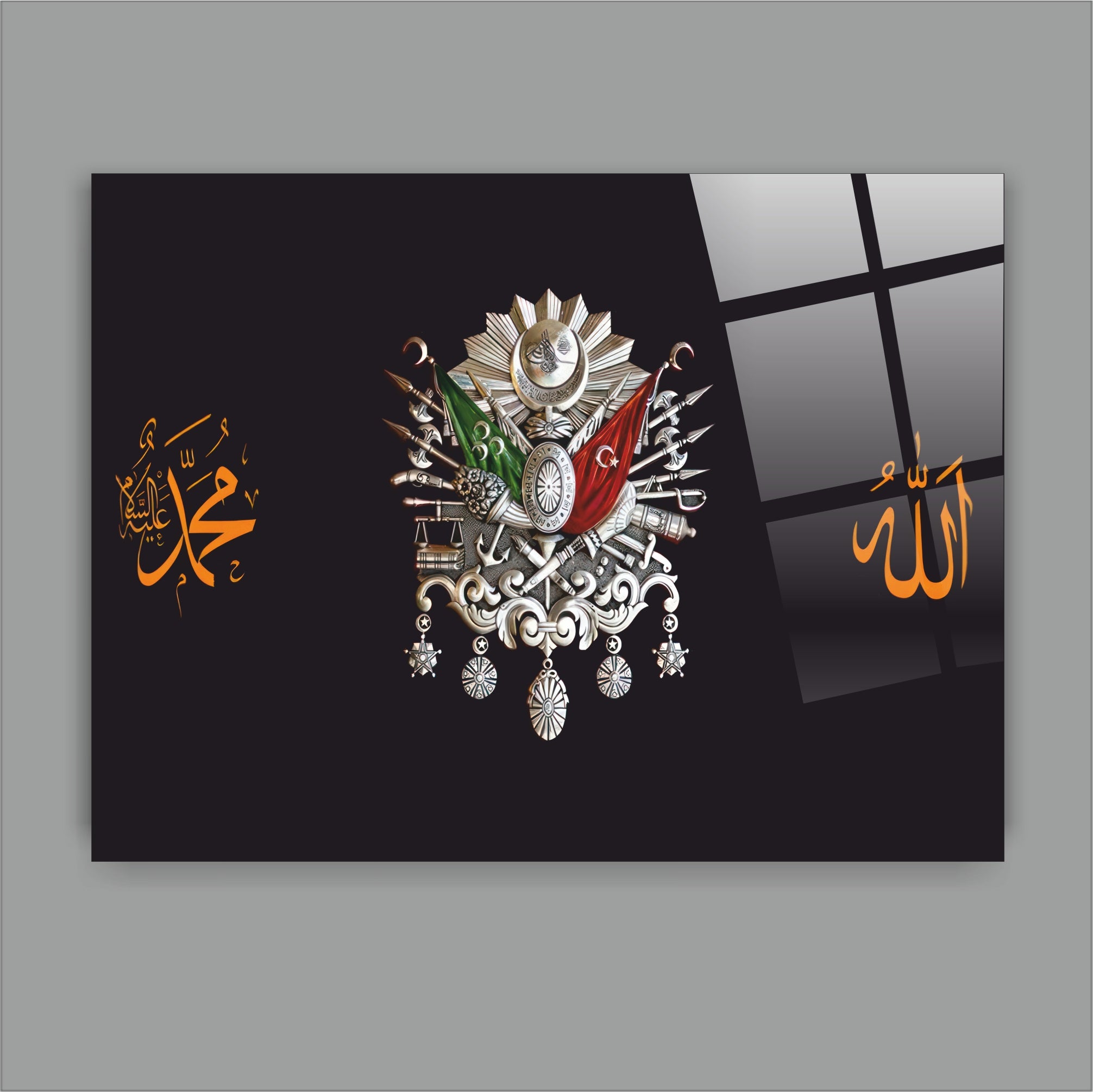 OSMANLI-22 Allah, Hz. Muhammed ve Osmanlı Arması Dekoratif Temperli Cam Tablo