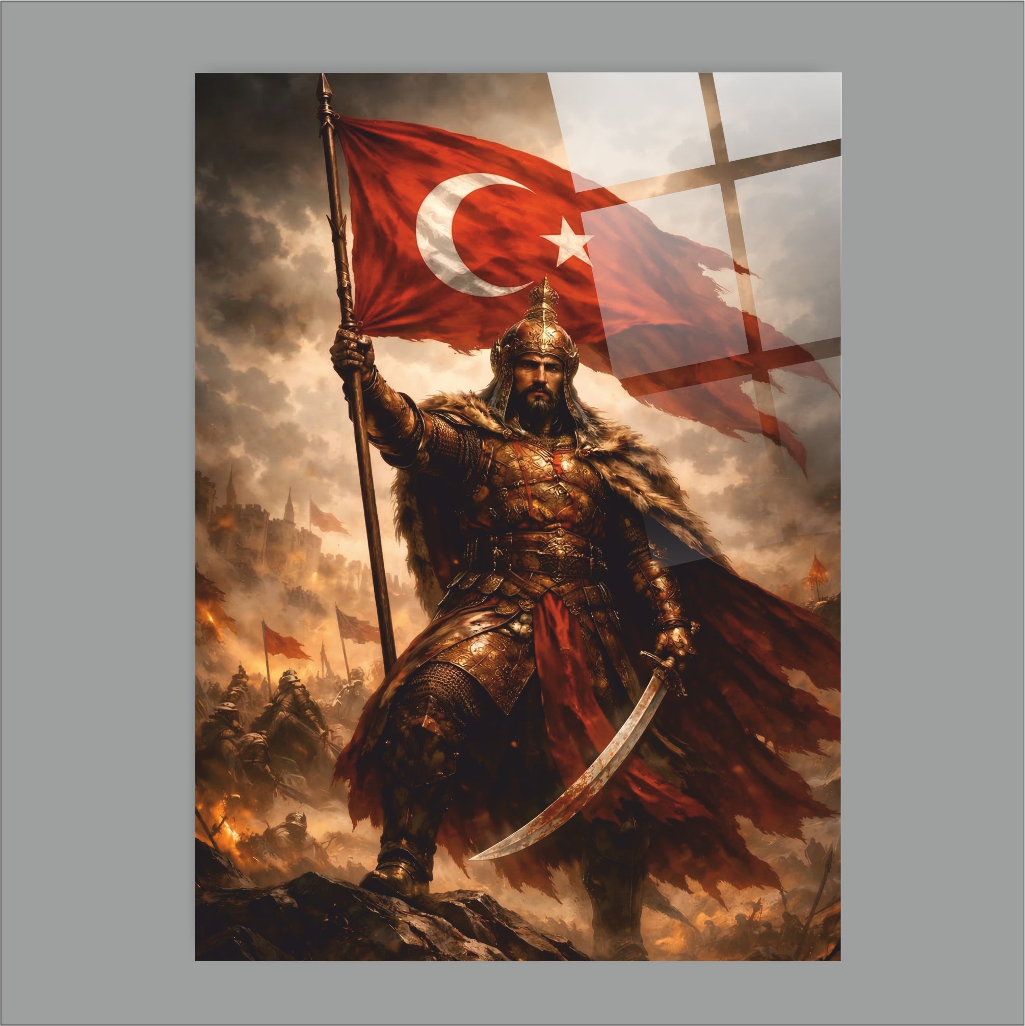 OSMANLI-45 Türk Savaşçısı ve Türk Bayrağı Temalı 4 mm Temperli UV Baskılı Cam Tablo