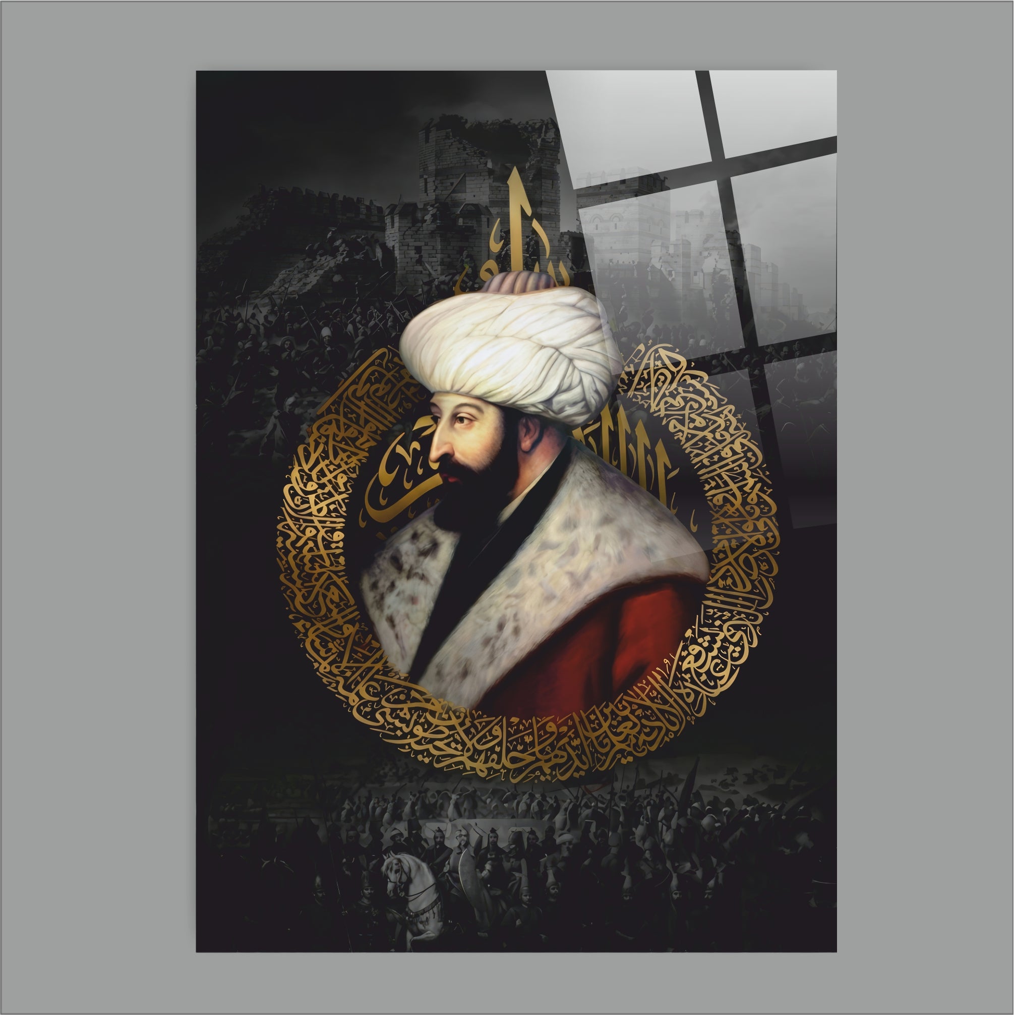 OSMANLI-51 Fatih Sultan Mehmet Portresi ve Altın Hat Sanatı 4 mm Temperli Cam Tablo
