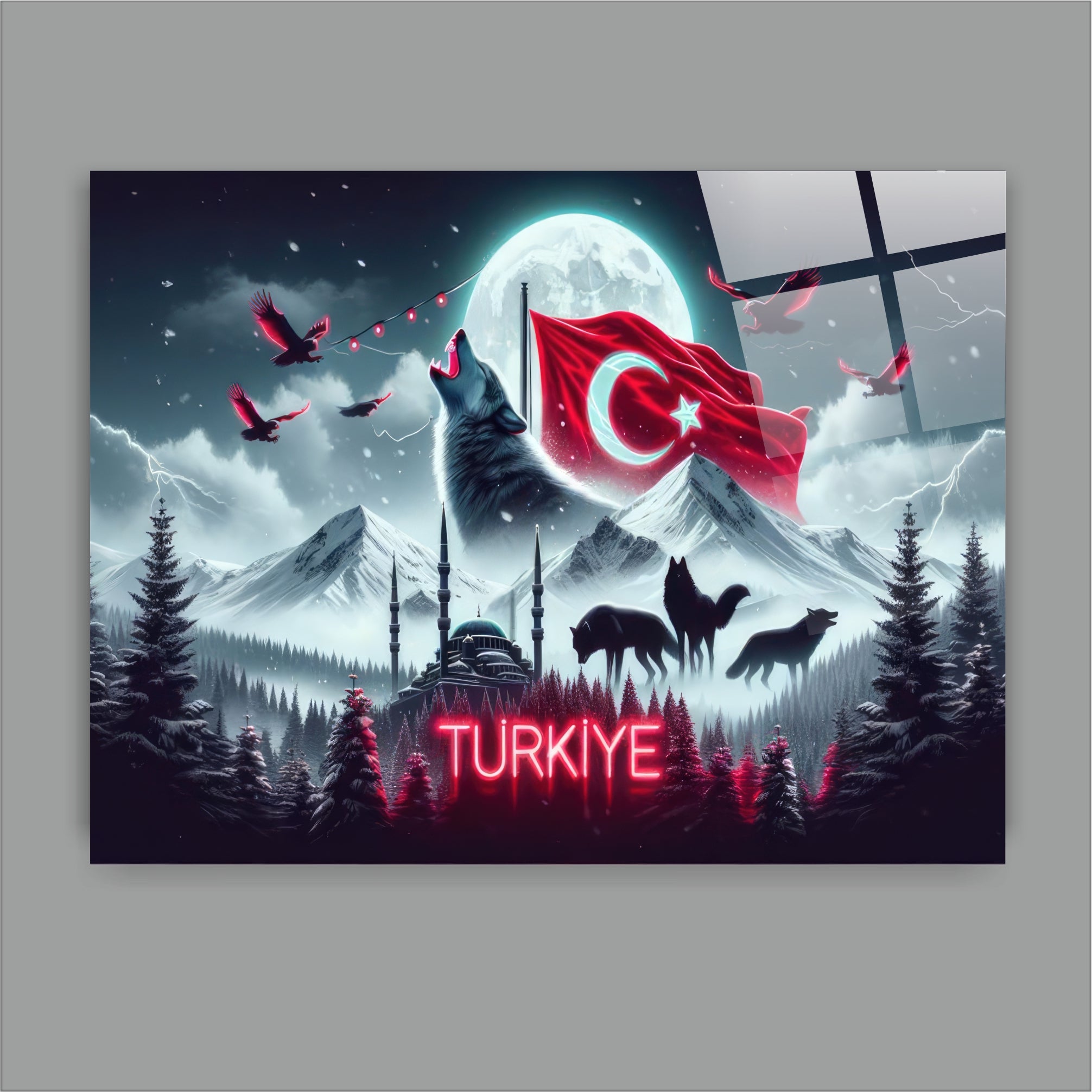 OSMANLI-8 Türkiye Bozkurt ve Ay Yıldız Temalı Dekoratif Cam Tablo
