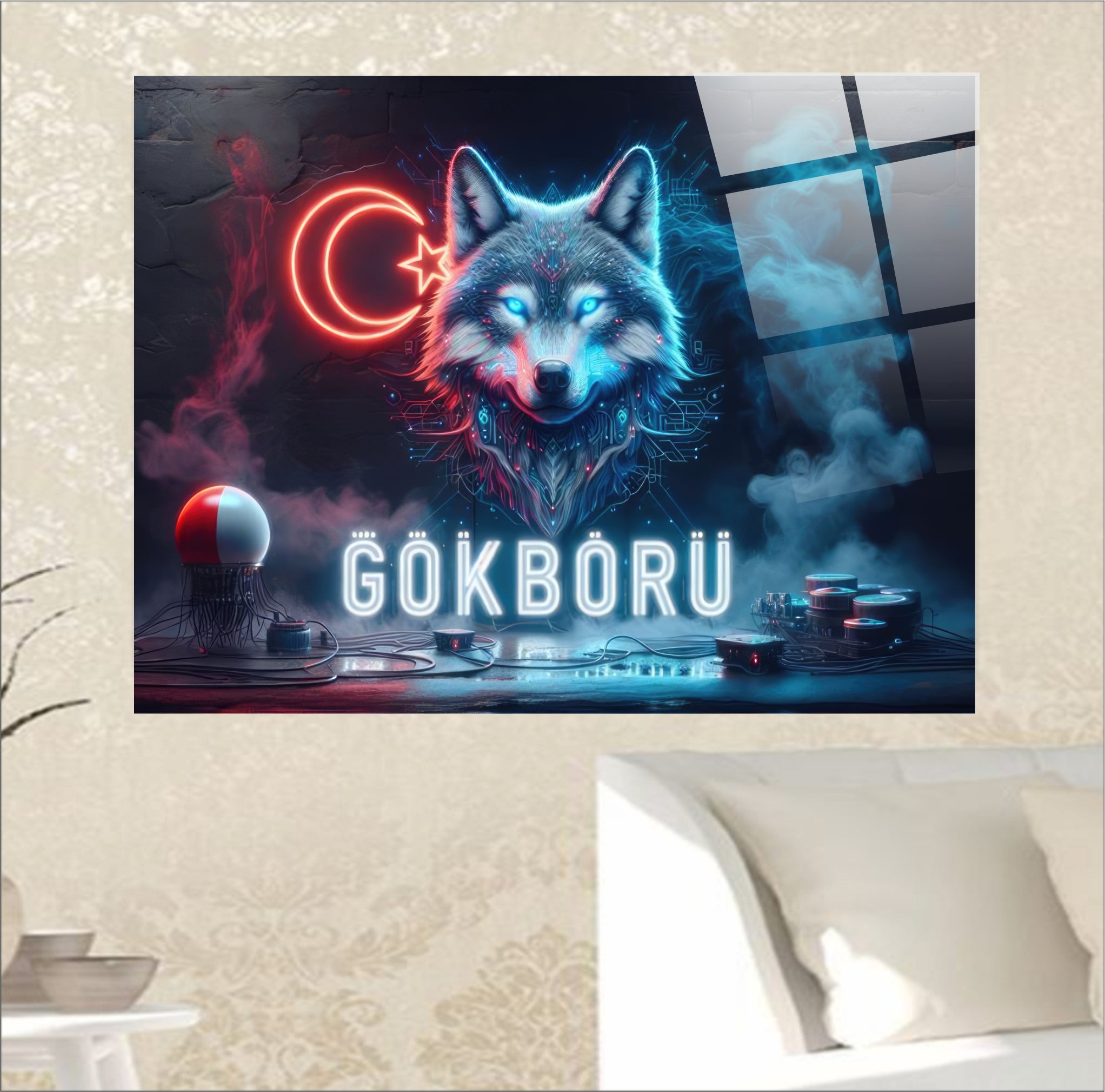 OSMANLI-10 Gökbörü Bozkurt ve Ay Yıldız Temalı Dekoratif Cam Tablo