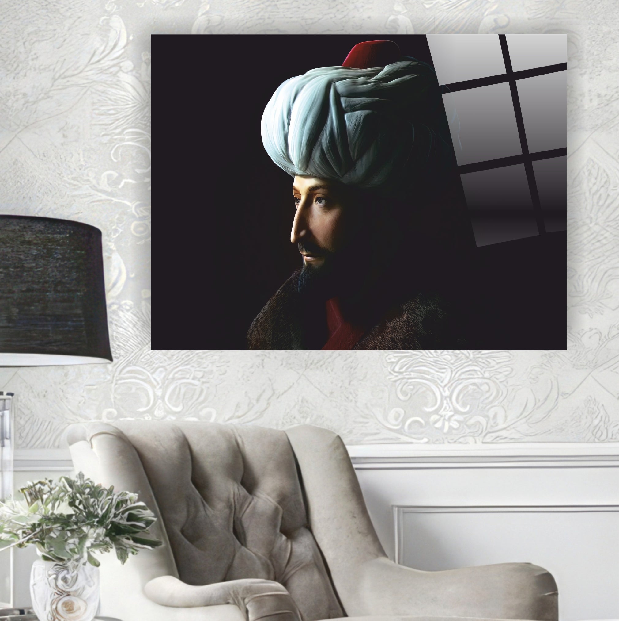 OSMANLI-11 Fatih Sultan Mehmed Portresi Dekoratif Osmanlı Cam Tablo