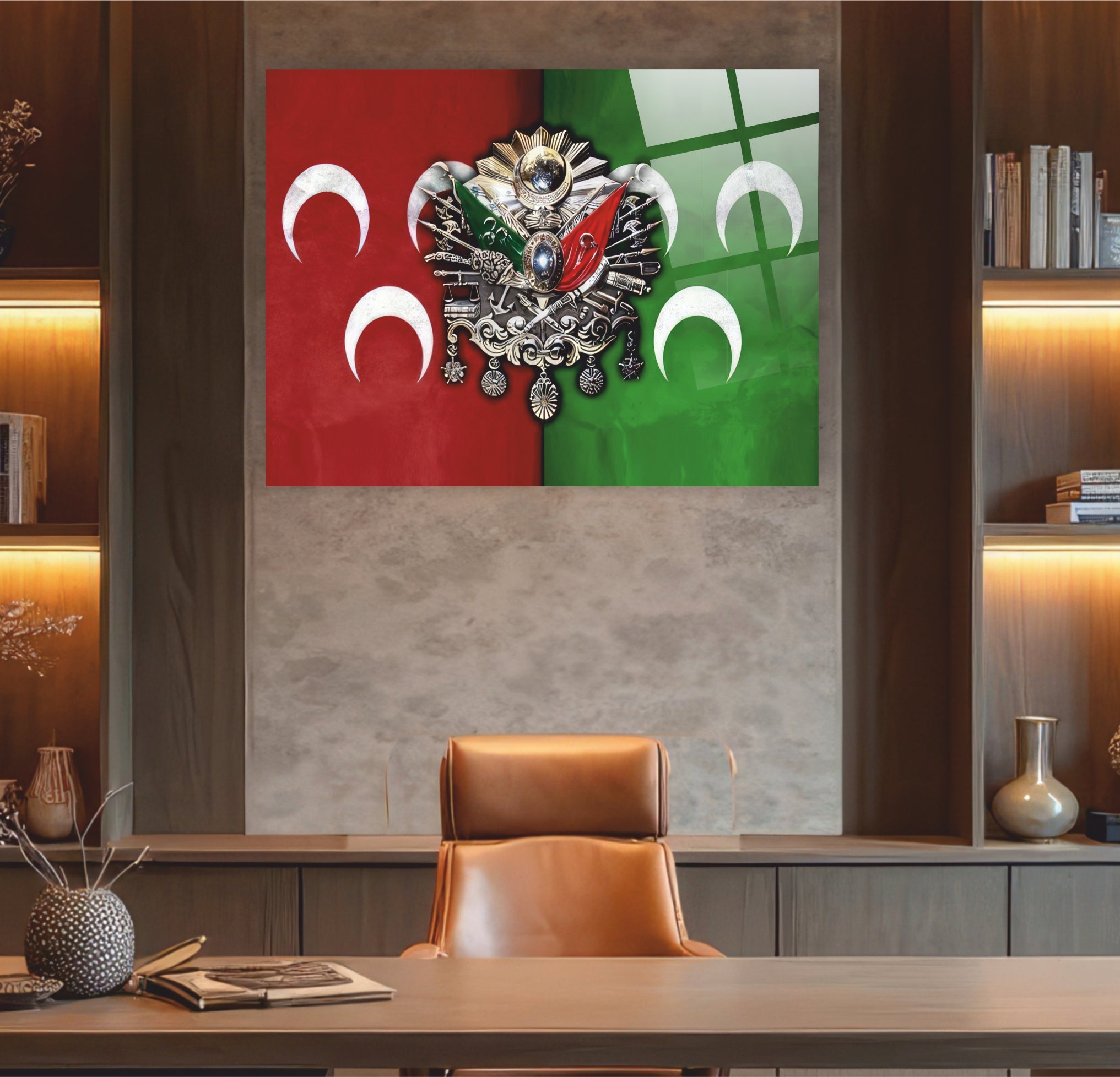 OSMANLI-16 Osmanlı Arması ve Üç Hilal Dekoratif Osmanlı Cam Tablo