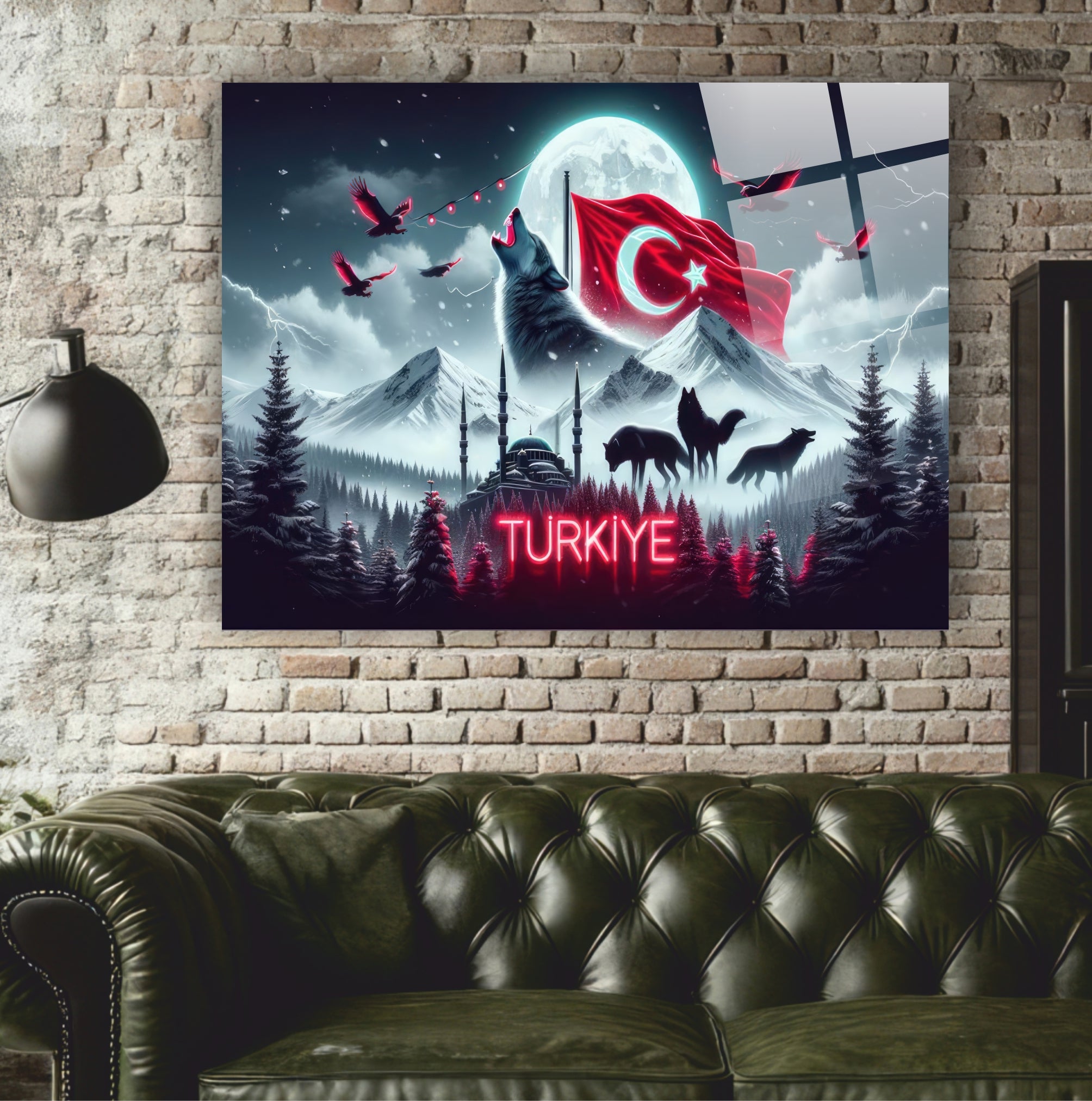 OSMANLI-18 Bozkurt, Türk Bayrağı ve Ay Işığı Temalı Dekoratif Cam Tablo