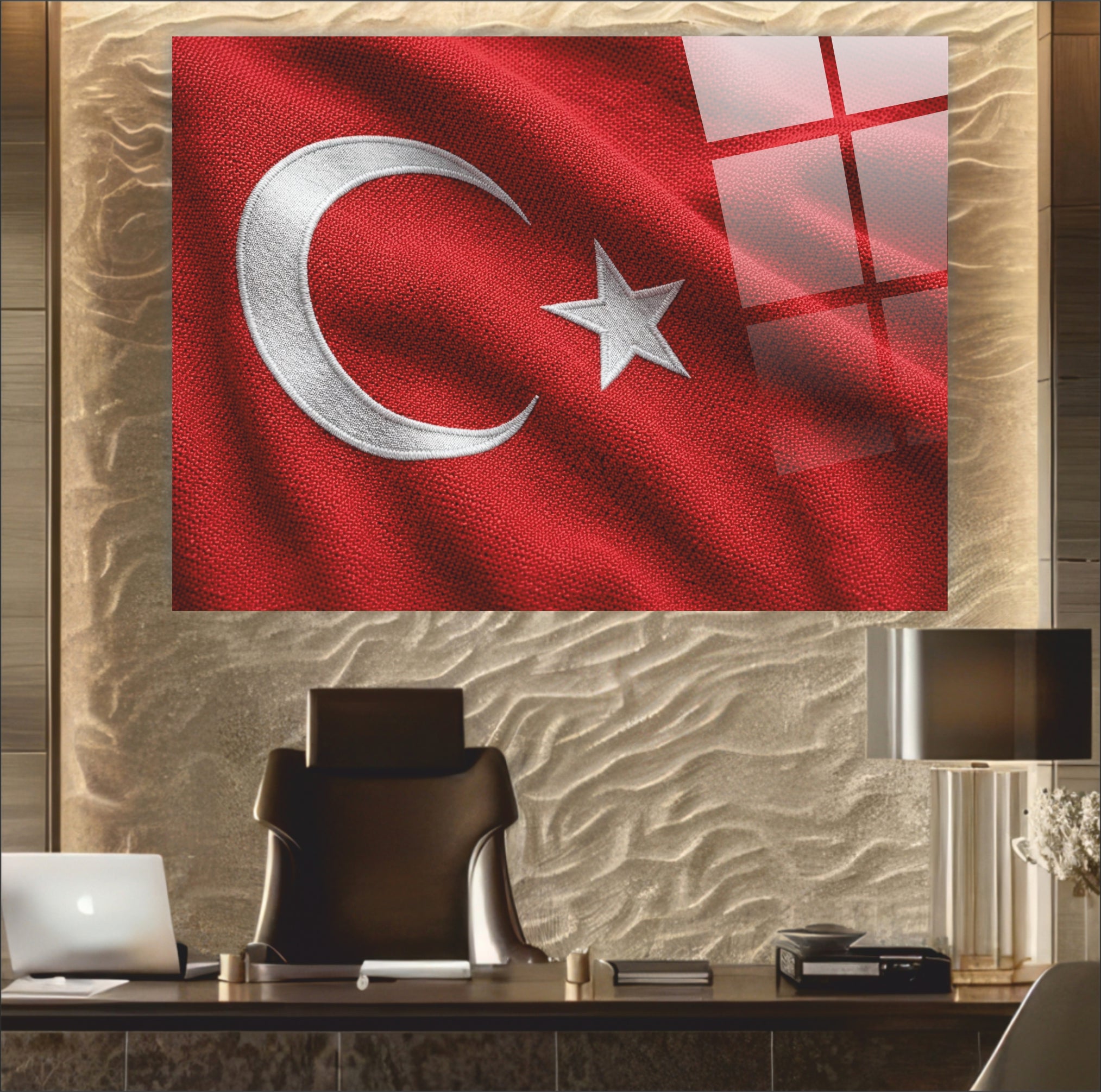 OSMANLI-19 Nakış Dokulu Türk Bayrağı Temalı Dekoratif Temperli Cam Tablo