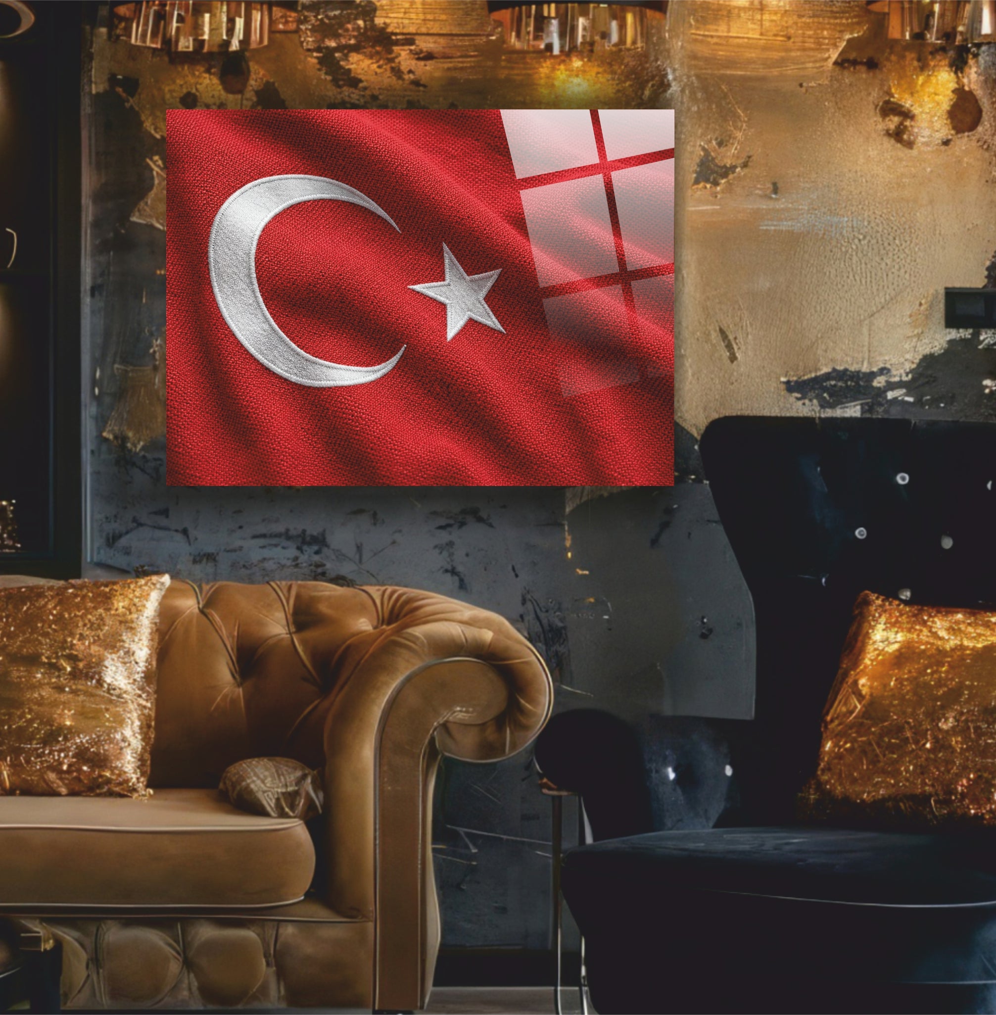 OSMANLI-19 Nakış Dokulu Türk Bayrağı Temalı Dekoratif Temperli Cam Tablo