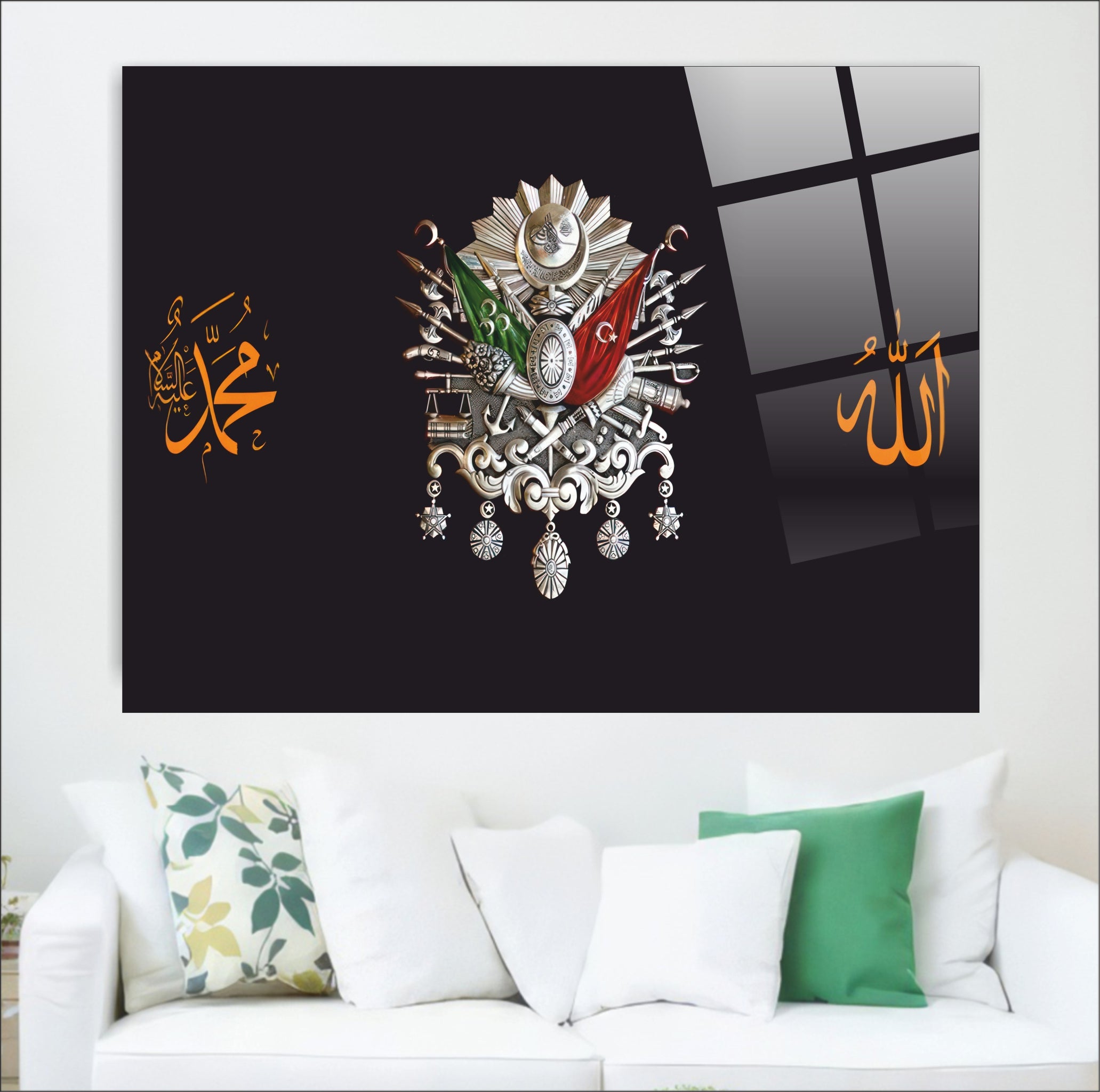 OSMANLI-22 Allah, Hz. Muhammed ve Osmanlı Arması Dekoratif Temperli Cam Tablo