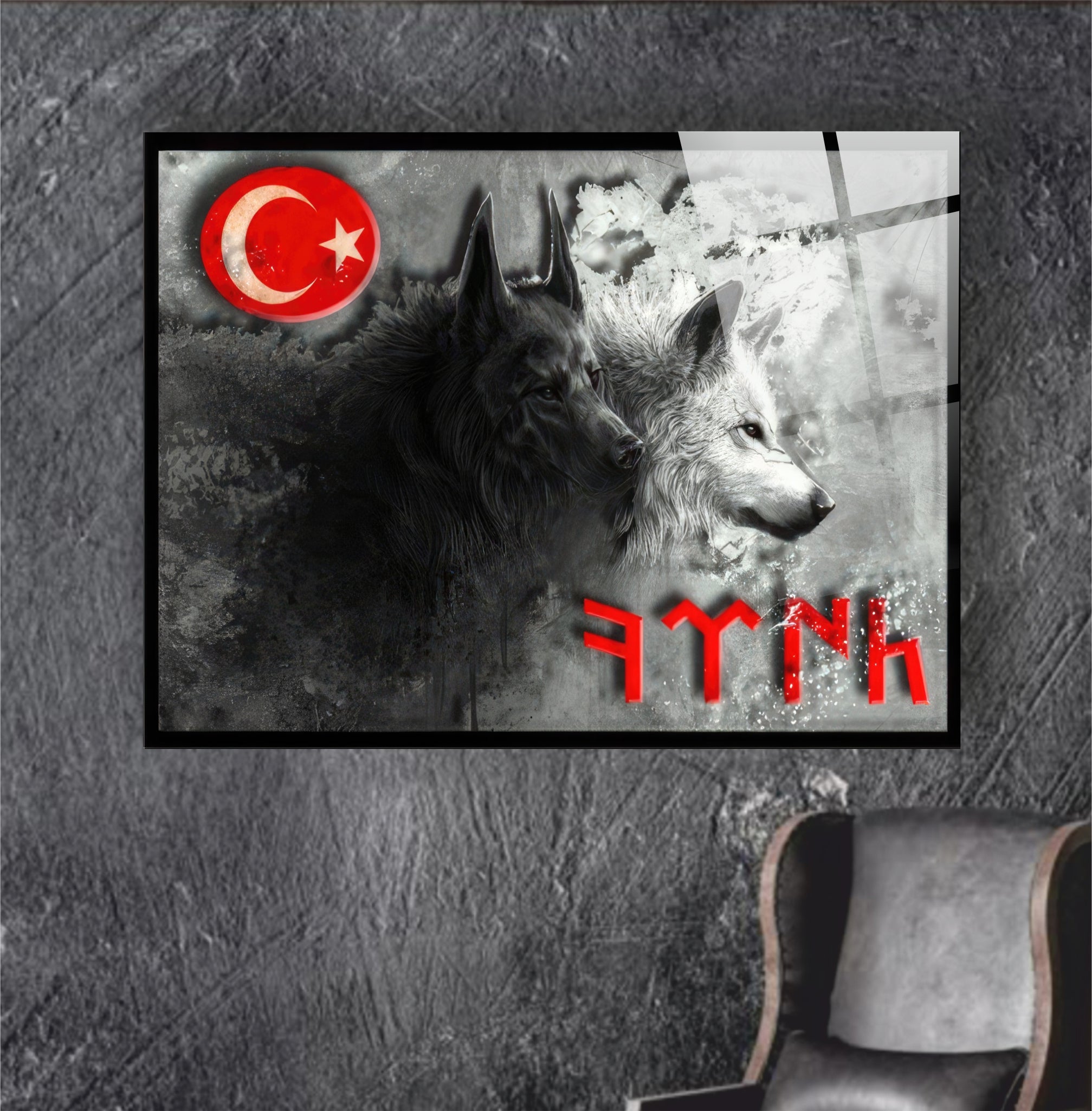 OSMANLI-26 Siyah ve Beyaz Kurt Tasarımlı Türk Temalı Temperli Cam Tablo