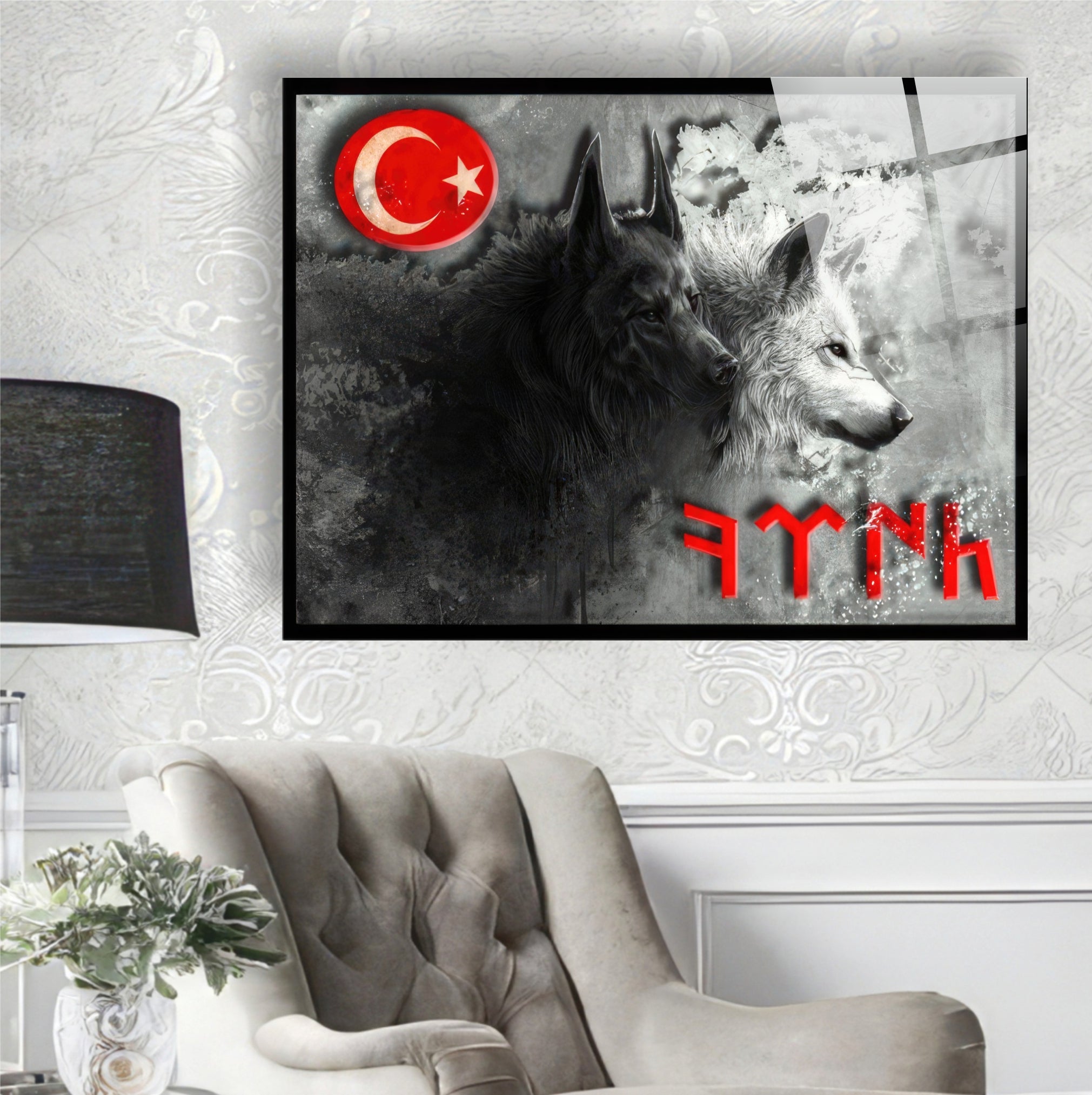 OSMANLI-26 Siyah ve Beyaz Kurt Tasarımlı Türk Temalı Temperli Cam Tablo