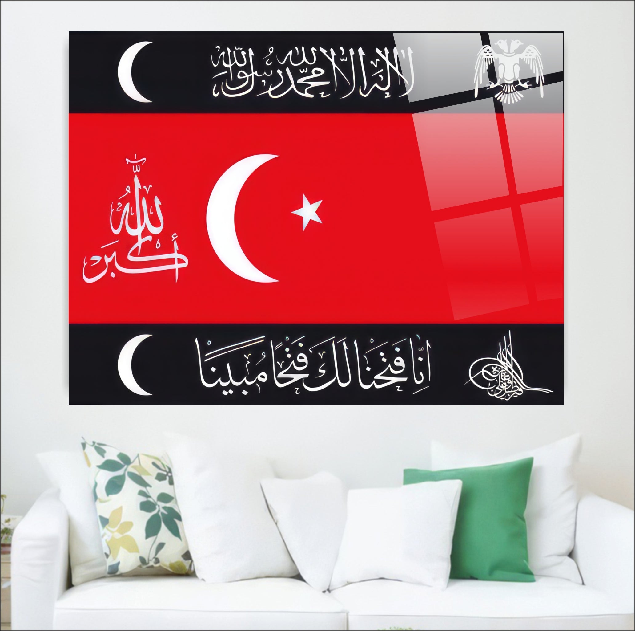 OSMANLI-27 Osmanlı Hat Sanatı ve Türk Bayrağı Tasarımlı Temperli Cam Tablo