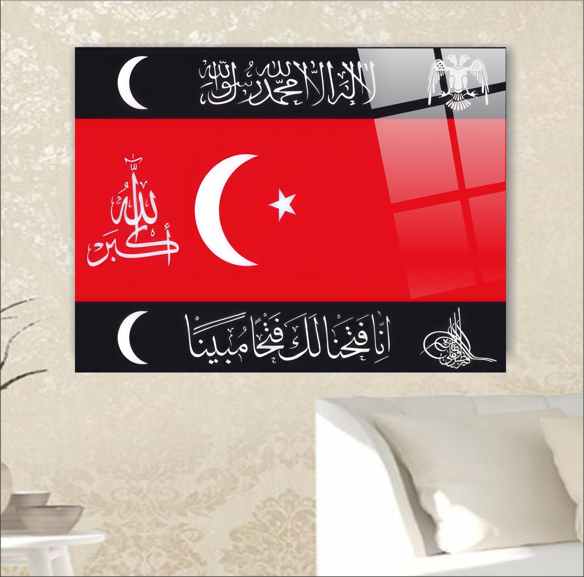 OSMANLI-27 Osmanlı Hat Sanatı ve Türk Bayrağı Tasarımlı Temperli Cam Tablo