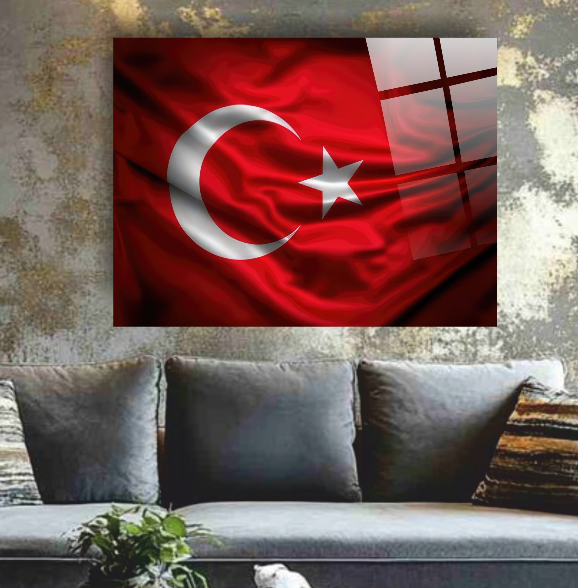 OSMANLI-28 Dalgalı Türk Bayrağı Tasarımlı 4 mm Temperli UV Baskılı Cam Tablo
