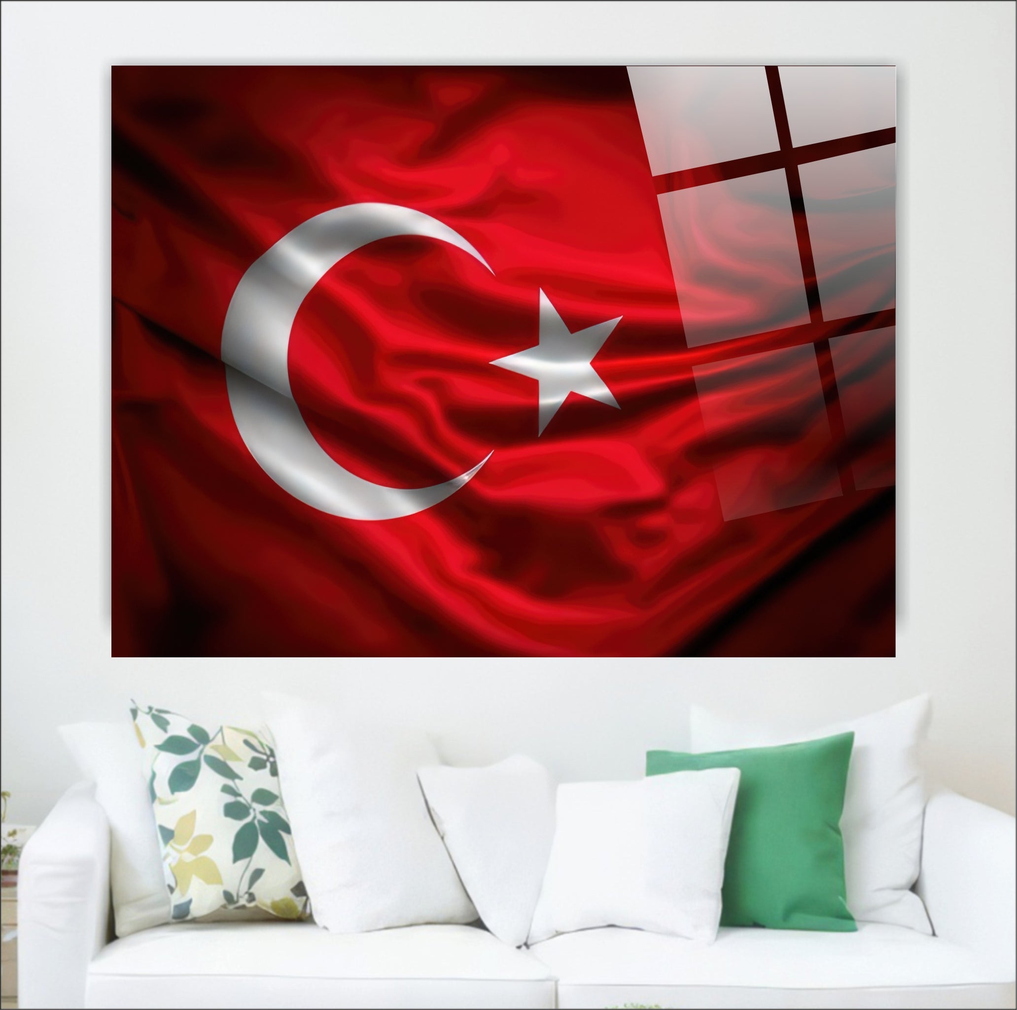 OSMANLI-28 Dalgalı Türk Bayrağı Tasarımlı 4 mm Temperli UV Baskılı Cam Tablo