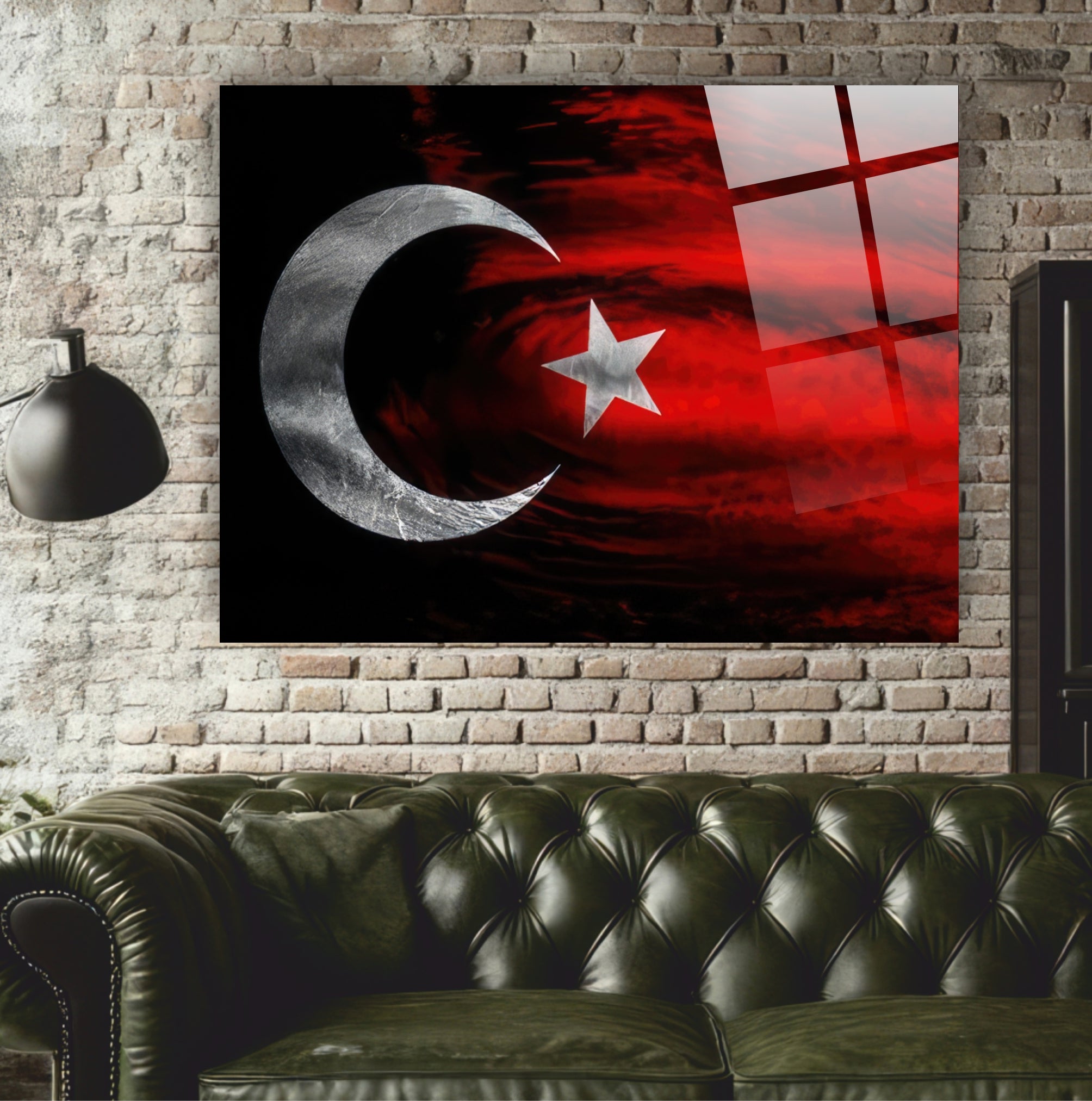 OSMANLI-29 Siyah Kırmızı Türk Bayrağı Ay Yıldız Tasarımlı Temperli Cam Tablo