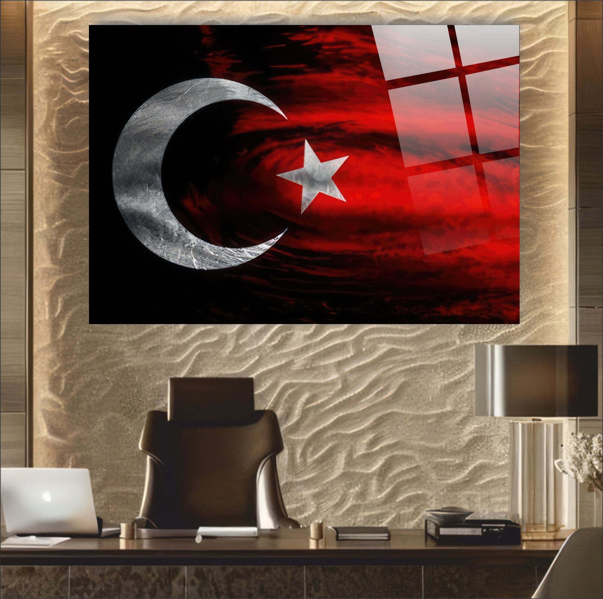 OSMANLI-29 Siyah Kırmızı Türk Bayrağı Ay Yıldız Tasarımlı Temperli Cam Tablo