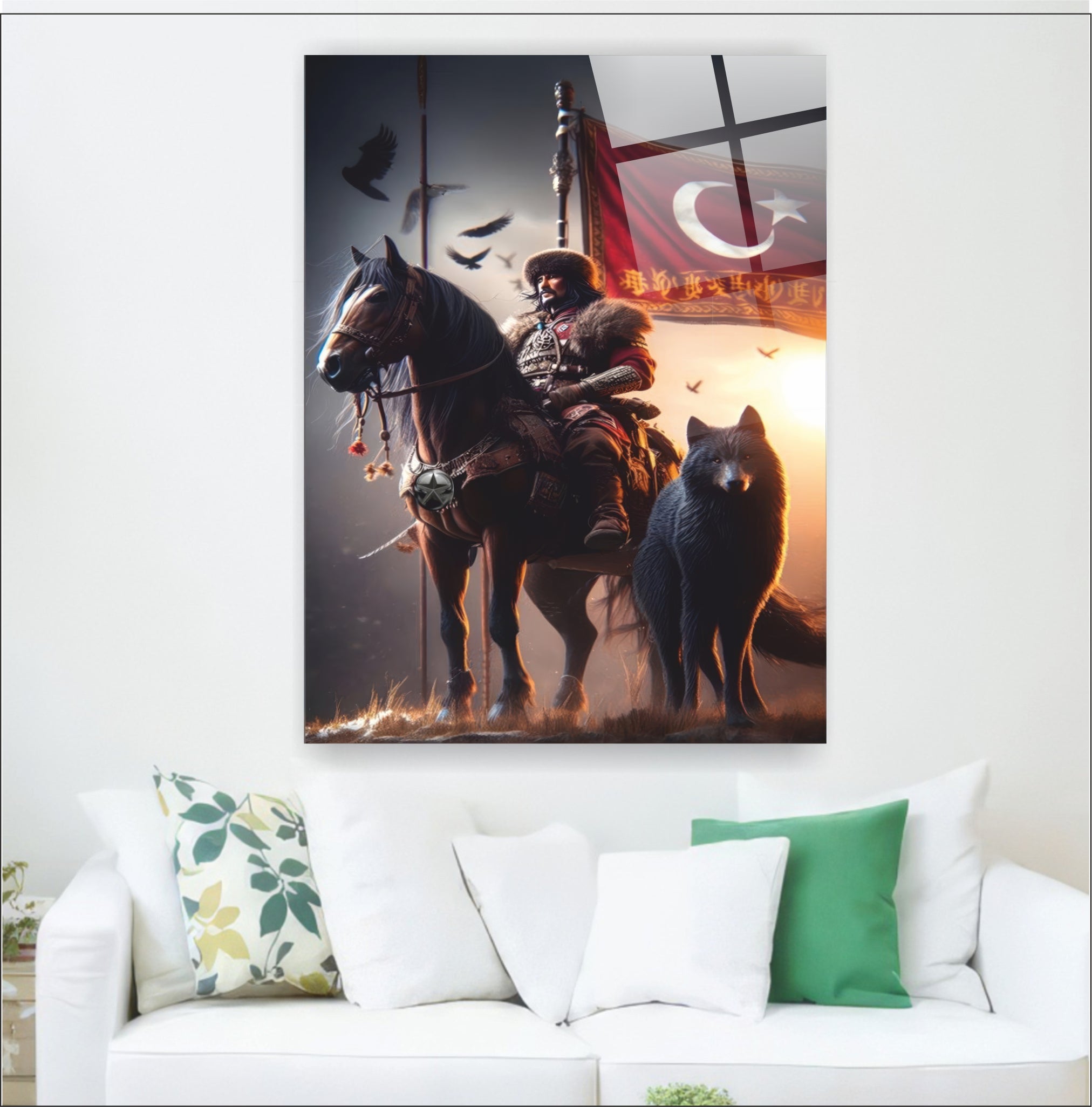 OSMANLI-41 Bozkurt ve Türk Savaşçısı 4 mm Temperli UV Baskılı Dekoratif Cam Tablo