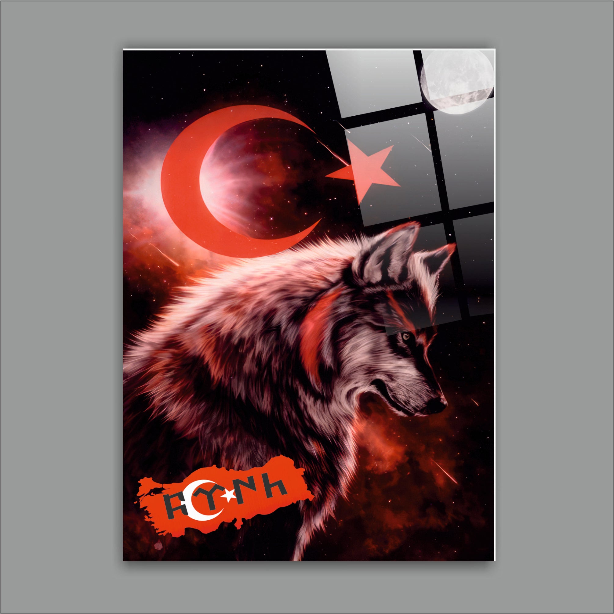 OSMANLI-44 Bozkurt, Ay Yıldız ve Türk Bayrağı Temalı 4 mm Temperli UV Baskılı Cam Tablo