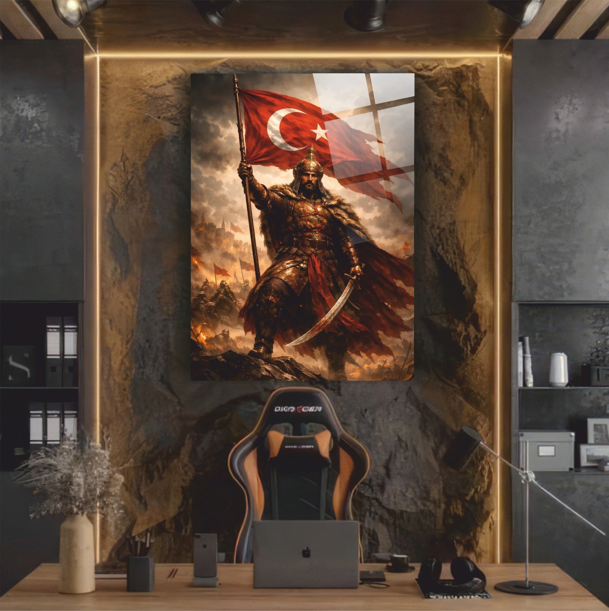 OSMANLI-45 Türk Savaşçısı ve Türk Bayrağı Temalı 4 mm Temperli UV Baskılı Cam Tablo