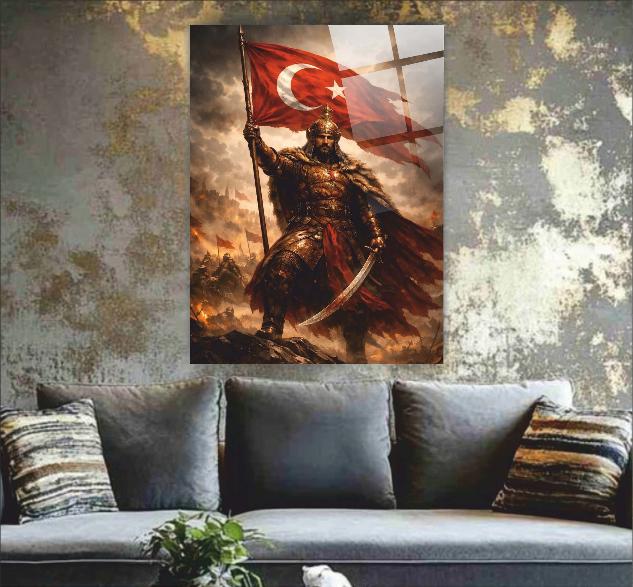OSMANLI-45 Türk Savaşçısı ve Türk Bayrağı Temalı 4 mm Temperli UV Baskılı Cam Tablo