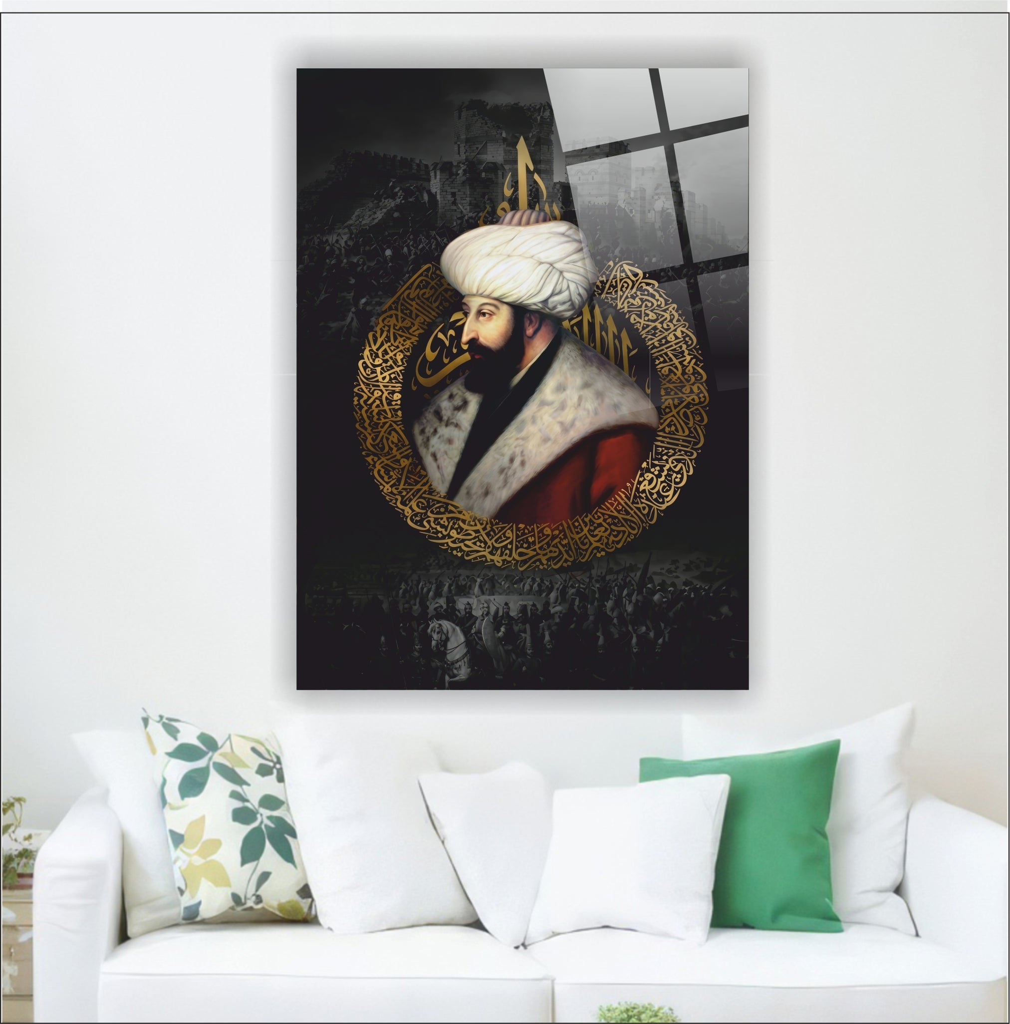 OSMANLI-51 Fatih Sultan Mehmet Portresi ve Altın Hat Sanatı 4 mm Temperli Cam Tablo