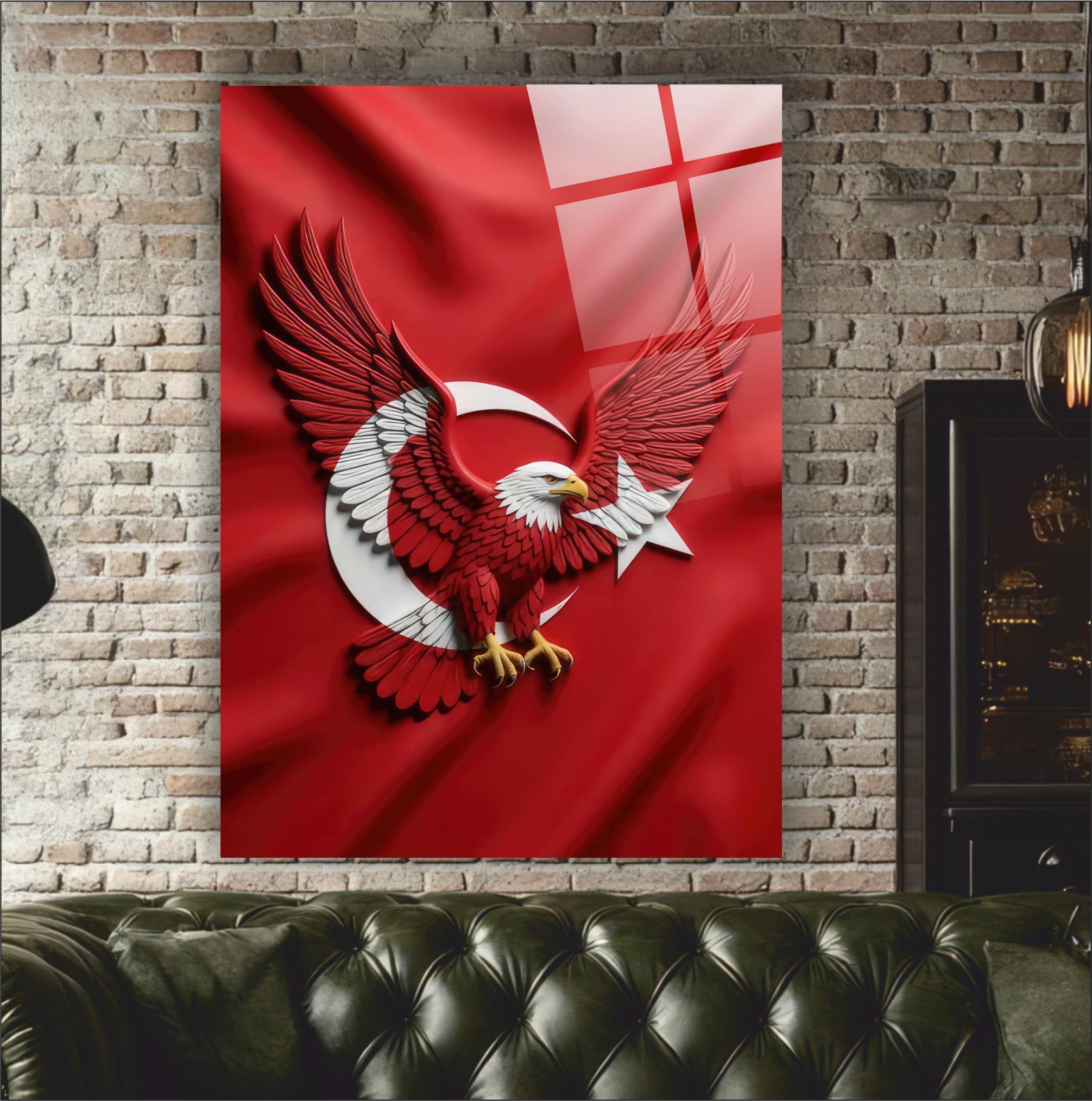 OSMANLI-55 Türk Bayrağı ve Kartal Figürlü 4 mm Temperli Cam Tablo