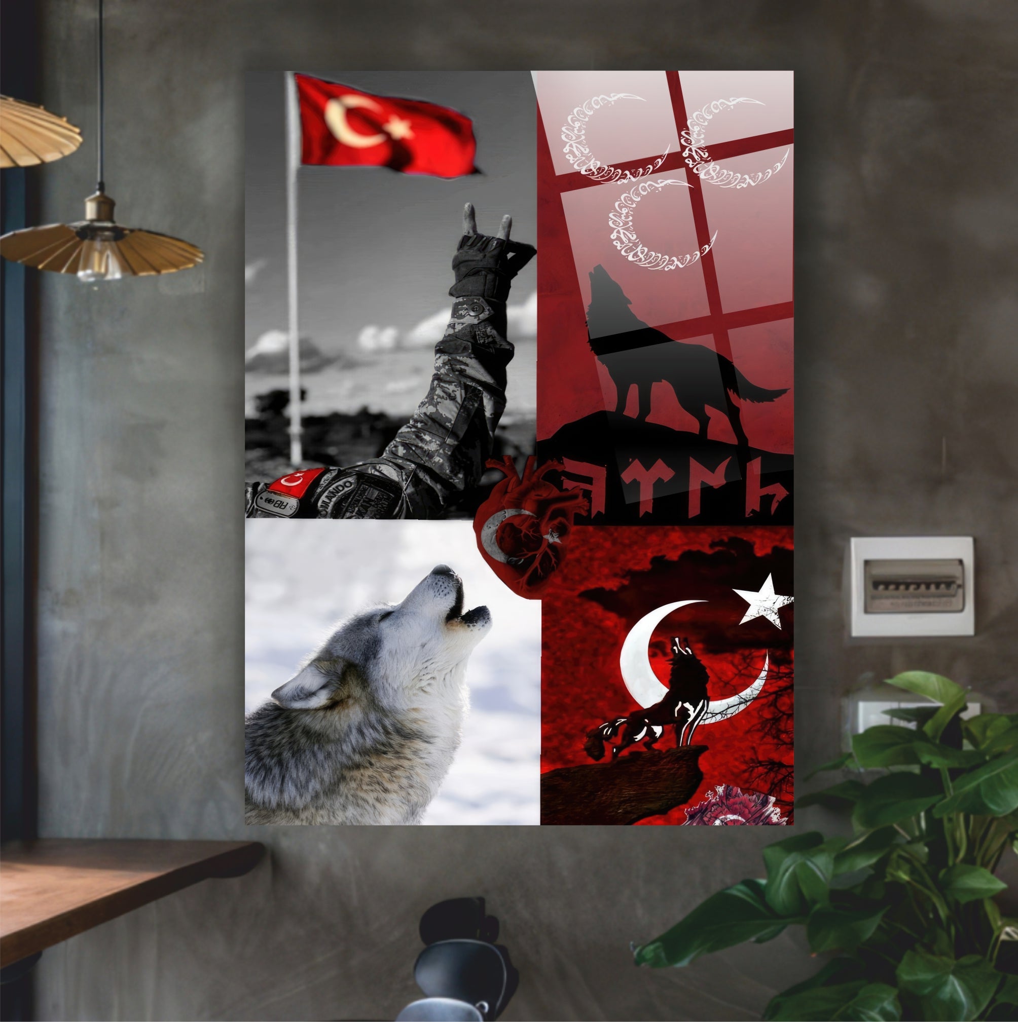 OSMANLI-61 Bozkurt, Üç Hilal ve Türk Bayrağı Temalı 4 mm Temperli Cam Tablo
