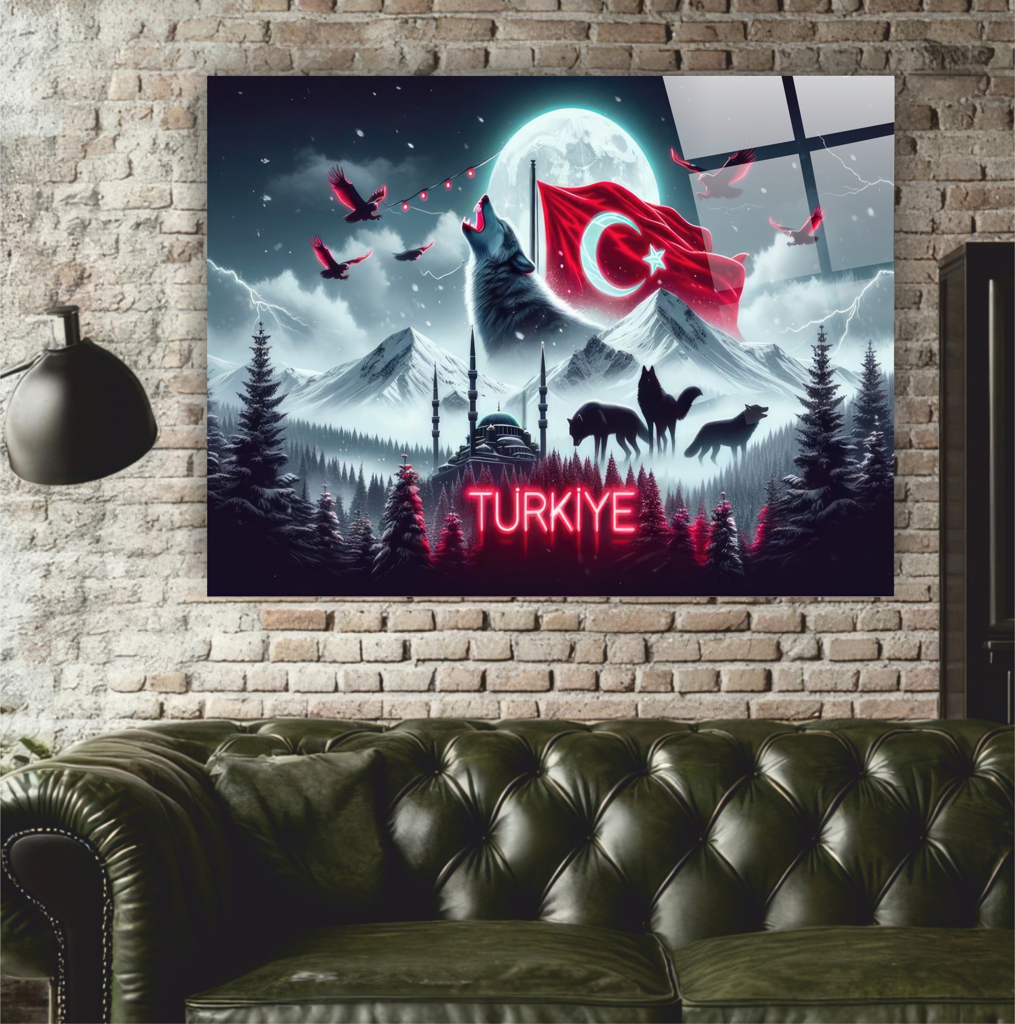 OSMANLI-8 Türkiye Bozkurt ve Ay Yıldız Temalı Dekoratif Cam Tablo